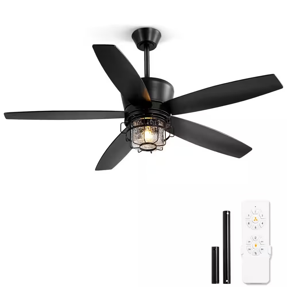 52 In. Outdoor Black Waterproof Ceiling Fan with Lights and Remote Control, 6-Sp