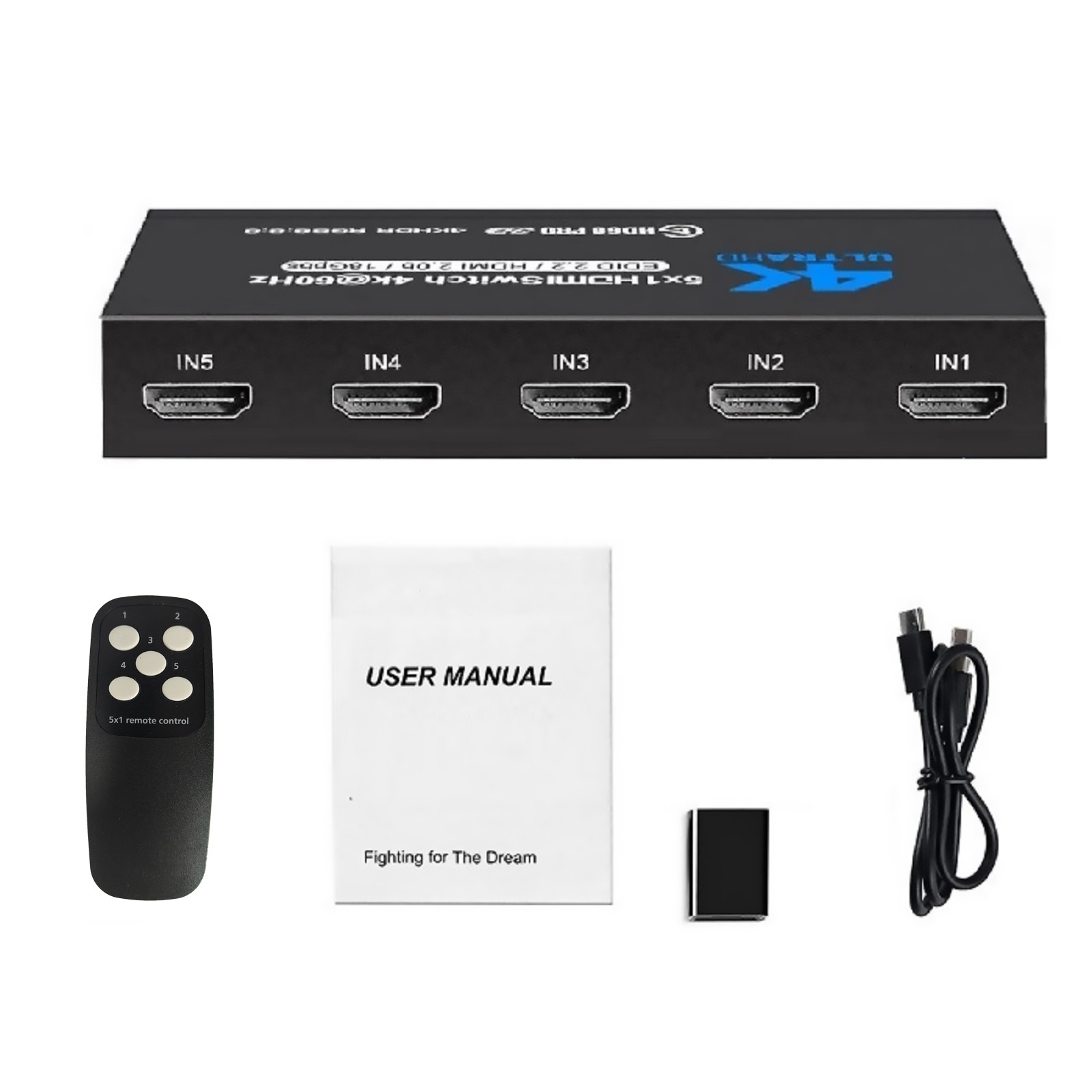 5 in 1 Out 4K@60Hz 5x1 HDMI Switcher HDMI 2.0 Switch with IR Remote Control