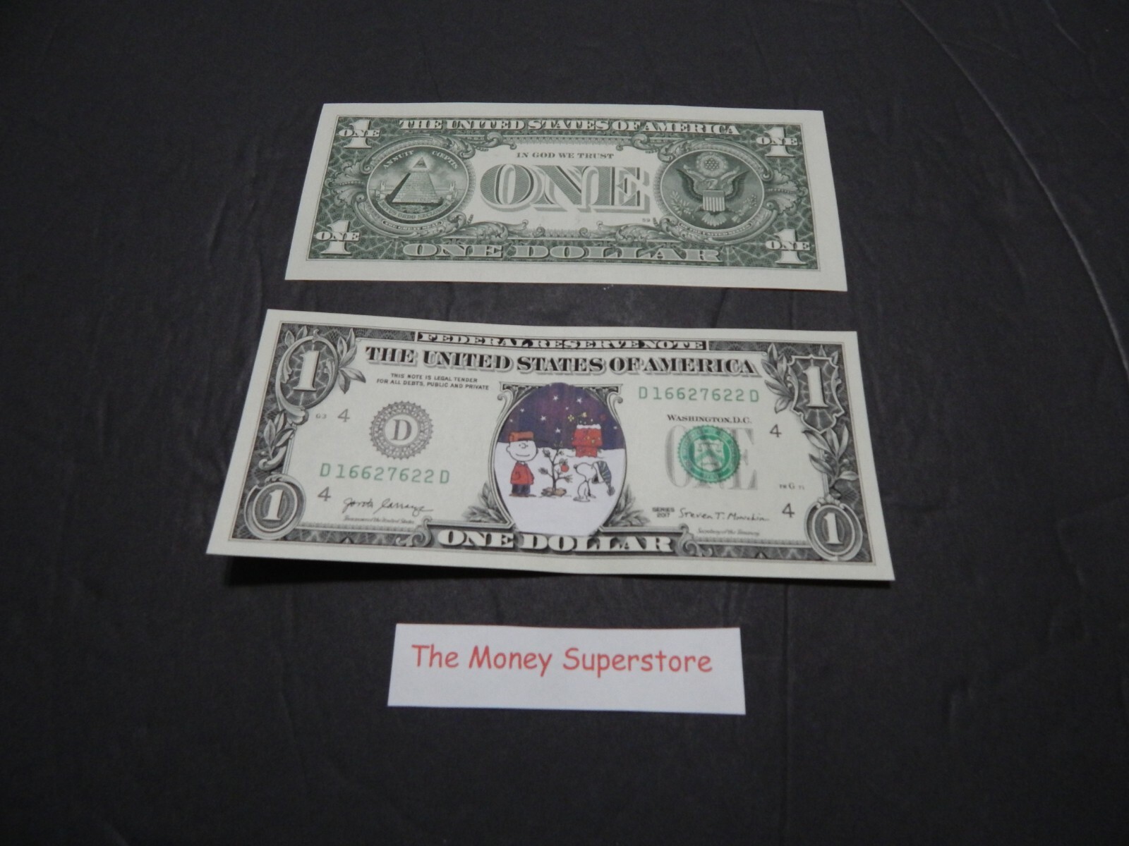 CHARLIE BROWN, SNOOPY & THE CHRISTMAS TREE WITH DOG HOUSE CHRISTMAS DOLLAR BILL.