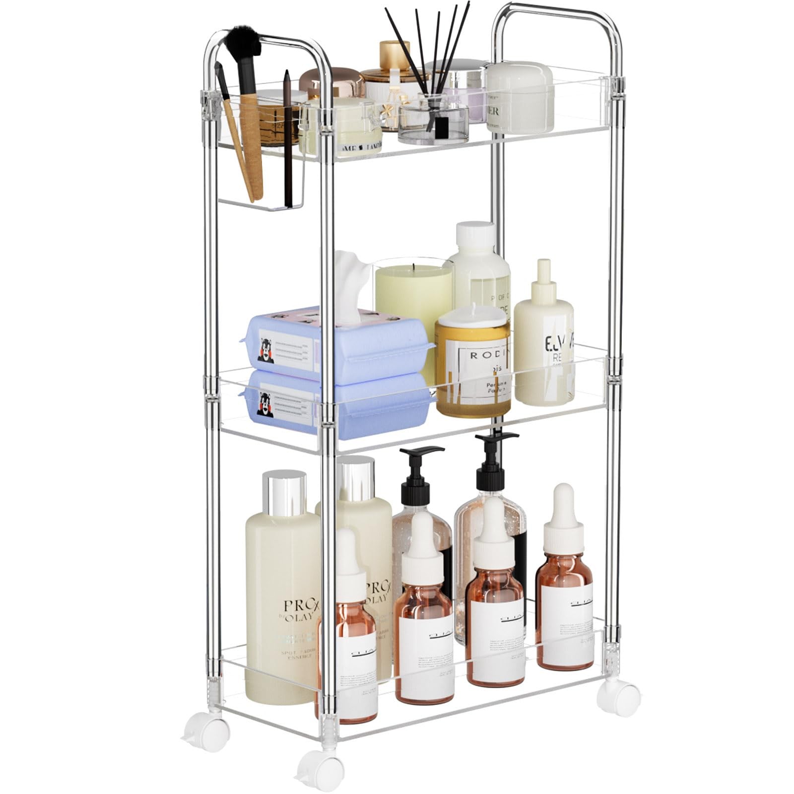 3 Tier Acrylic Storage Rolling Cart Clear Bathroom Cart Organizer, Transparen...