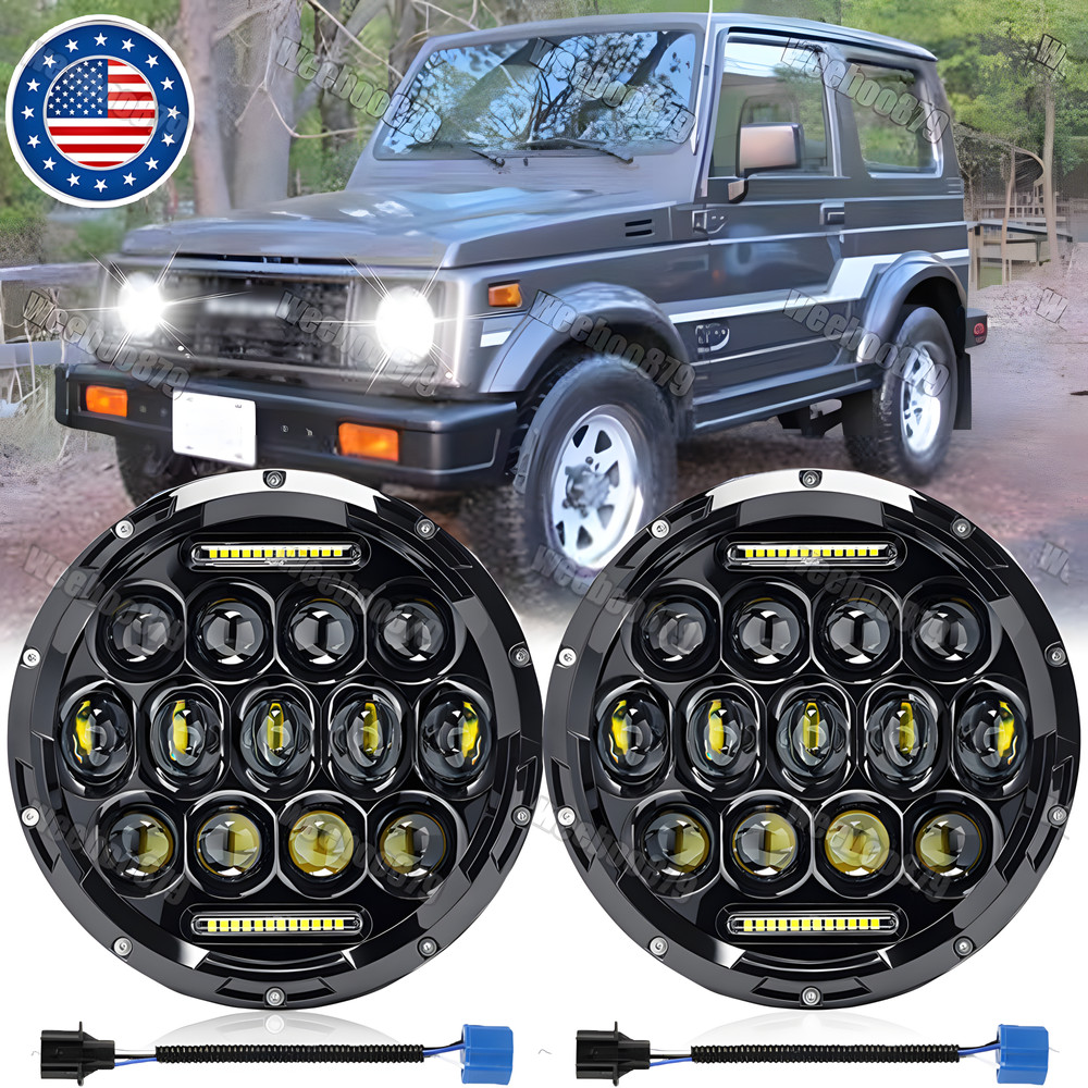 Pair 7'' inch Round LED Headlight Hi-Lo Sealed Beam For Suzuki Samurai 1986-1995