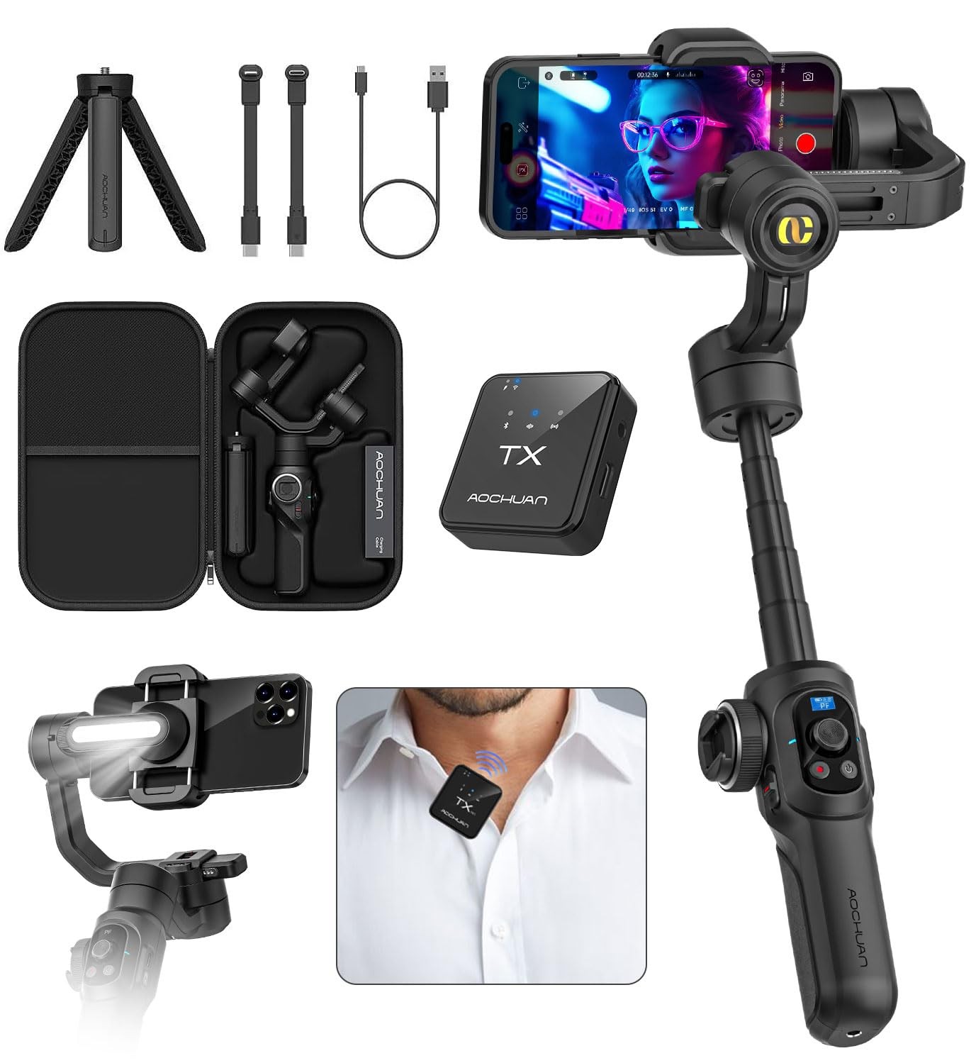 S2 Smartphone Gimbal Stabilizer w/Wireless Lavalier, Built-in 18cm Extension ...