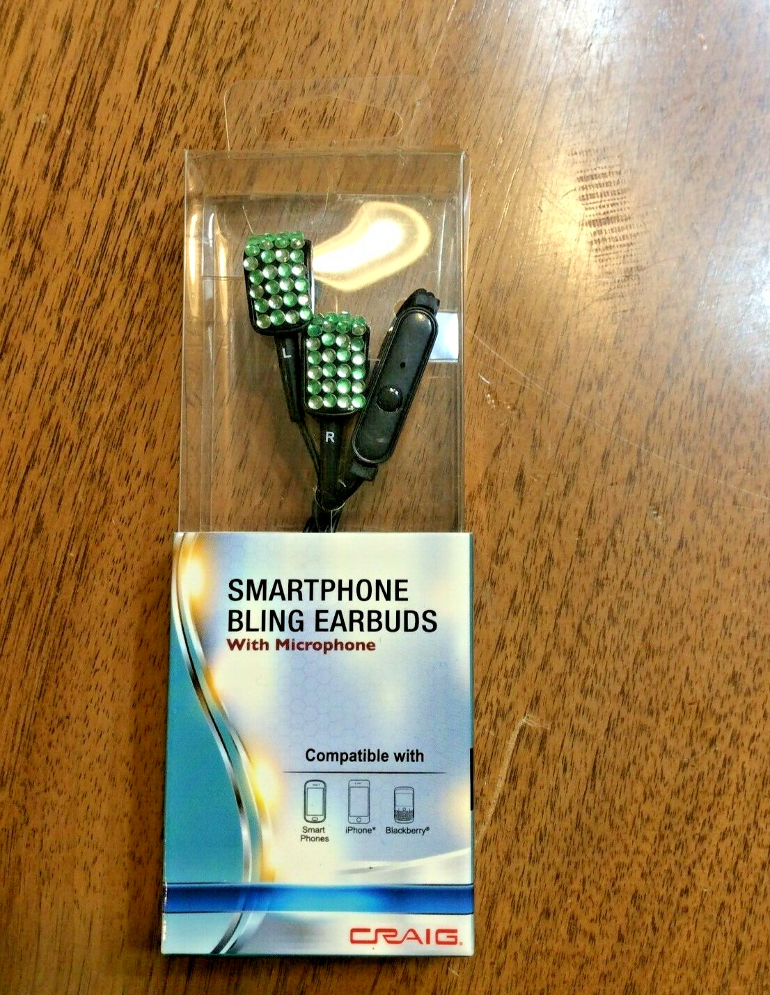 Craig Phone Bling Earbuds Microphone Black Green Rhinestone Studs Hands Free New