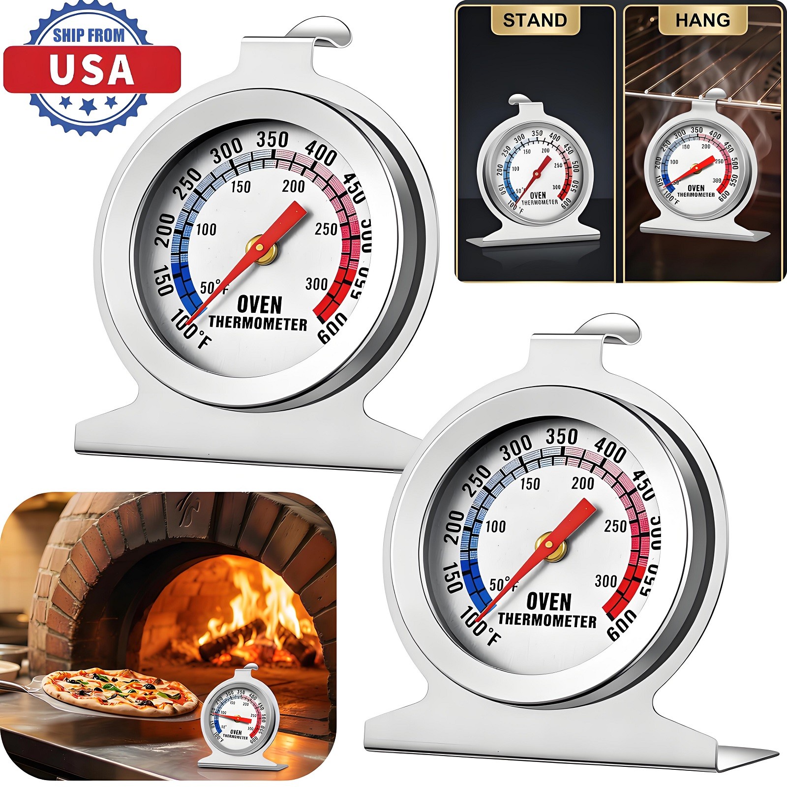 2× Oven Thermometer 100-600°F Oven Grill Fry Chef Smoker Thermometer Kitchen USA