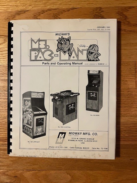 MS PAC-MAN video game Parts and Operating Manual, Midway 1982