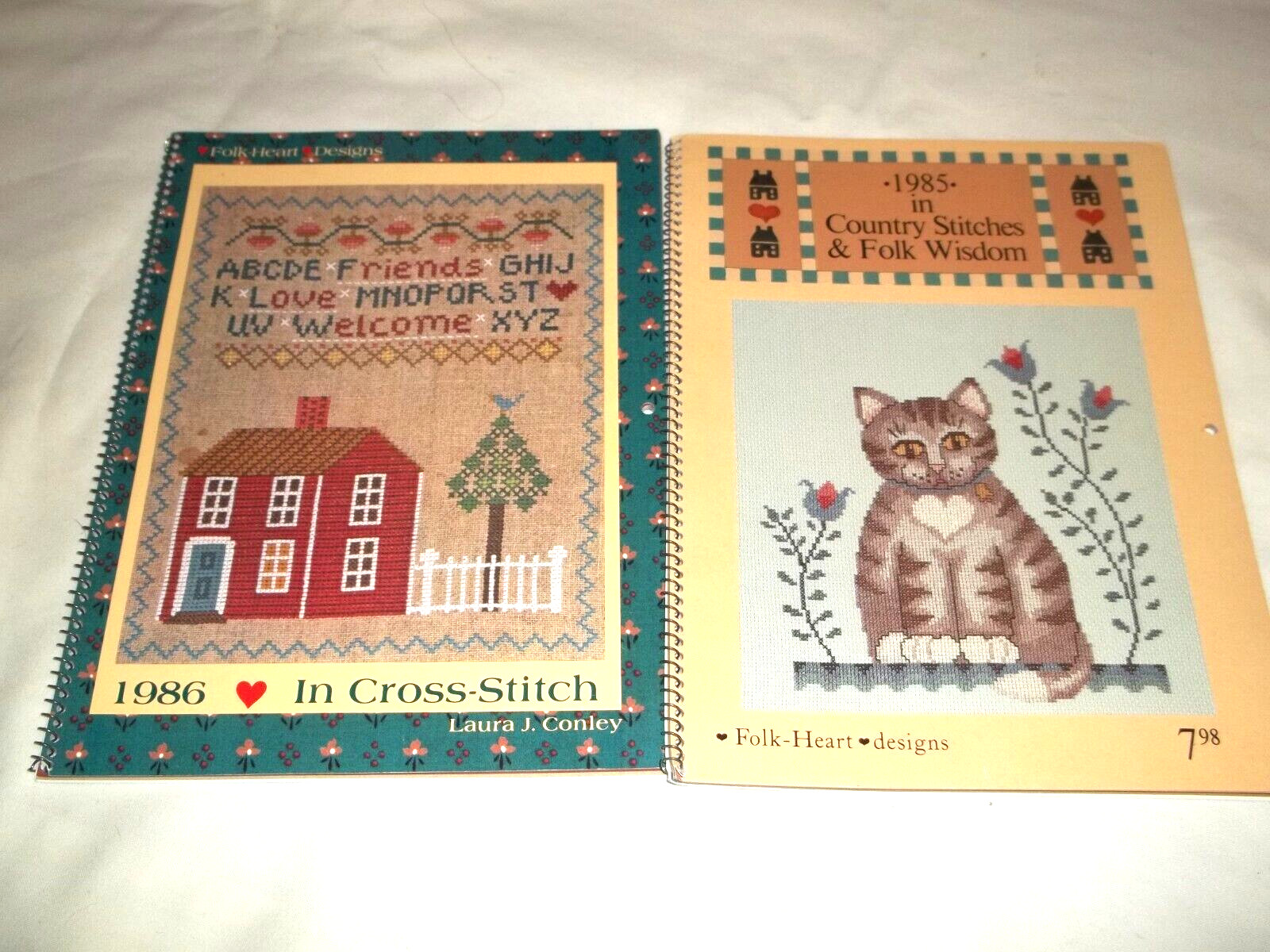 2 Folk Heart Designs Cross Stitch Calendars 1985 & 86 Unmarked 25+ patterns
