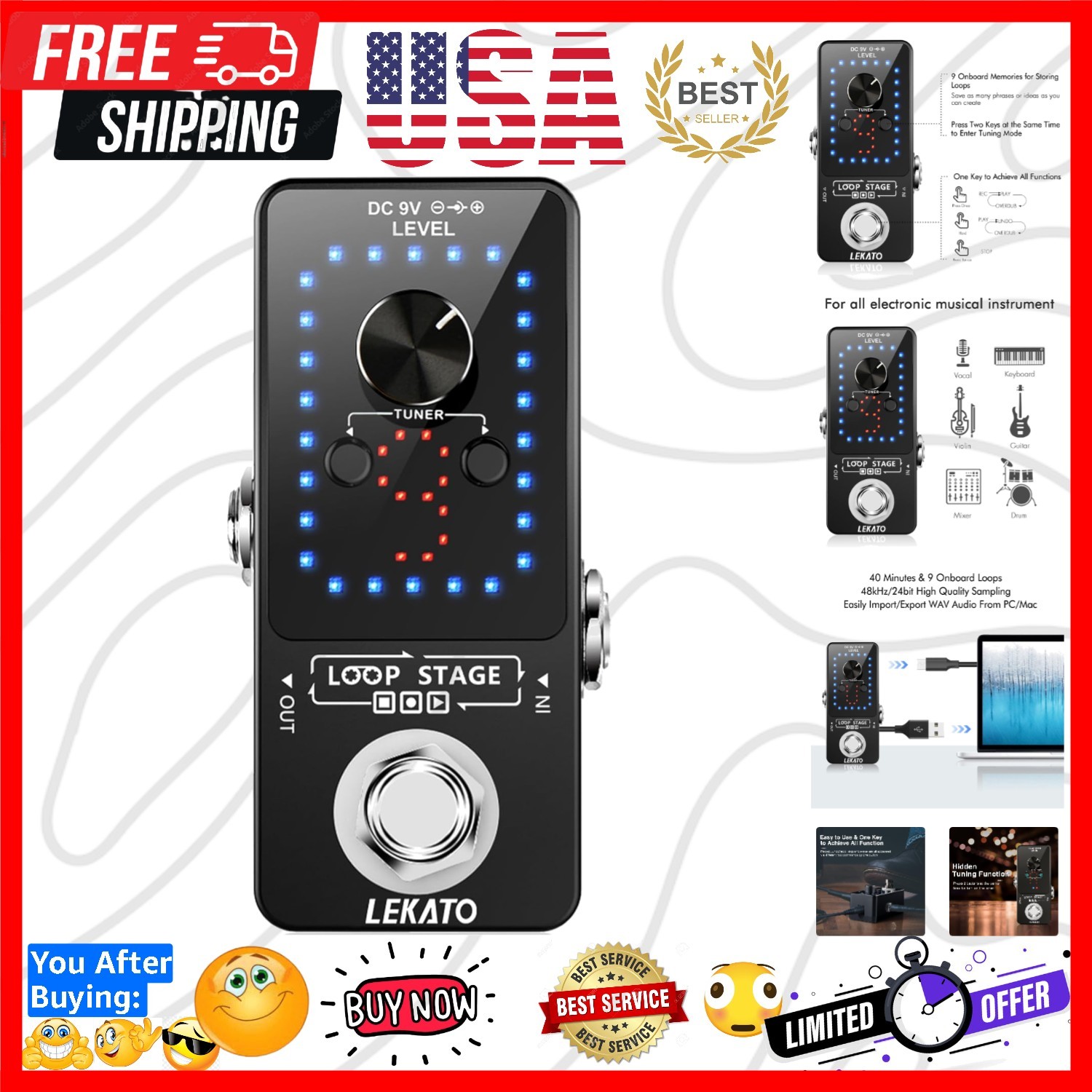 Looper Guitar Pedal Guitar Loop Pedal Tuner Pedal 9 Loops 40 Minutes Record T...