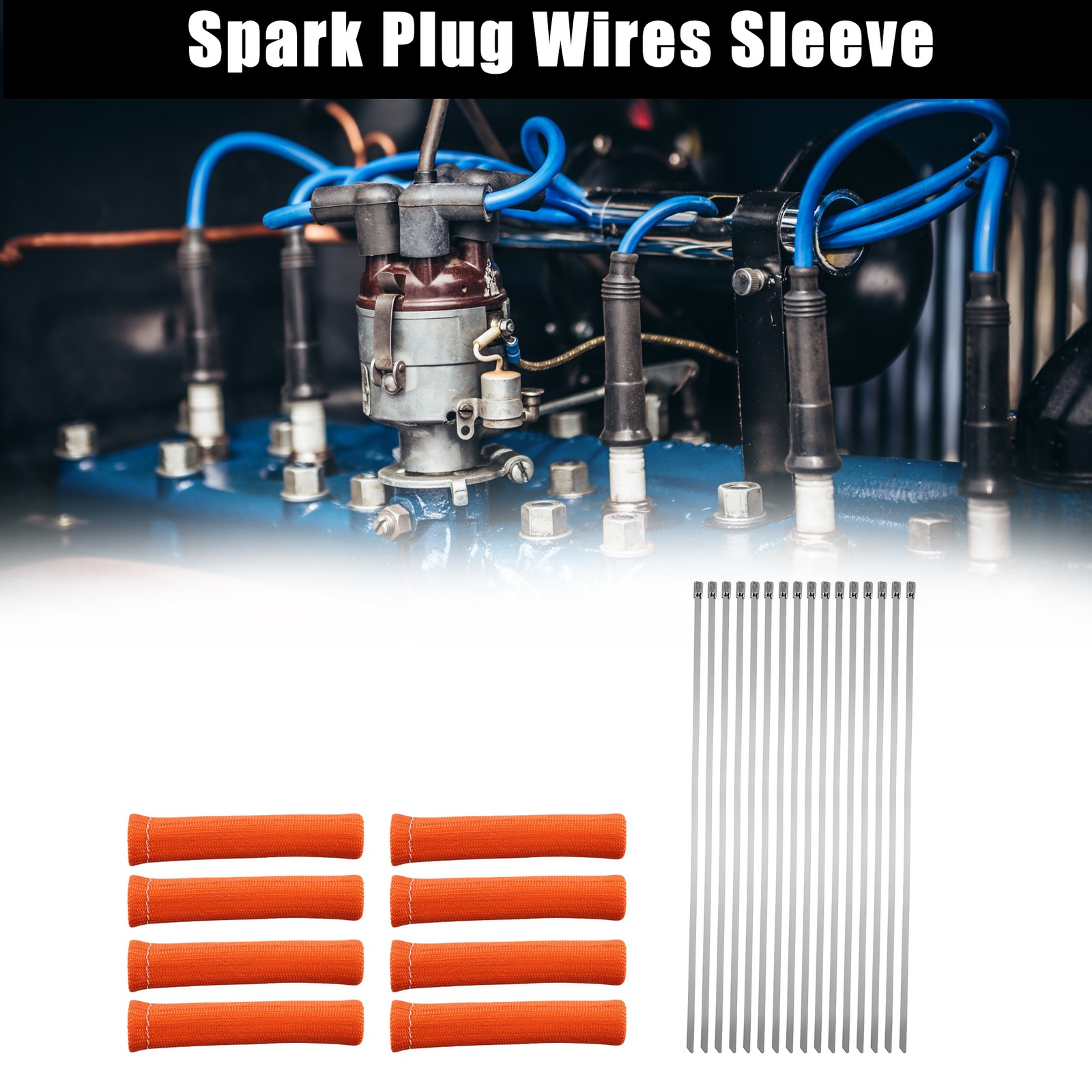 1 Set Car Engine Spark Plug Wire Boots Protector Sleeve w/ Cable Ties Orange