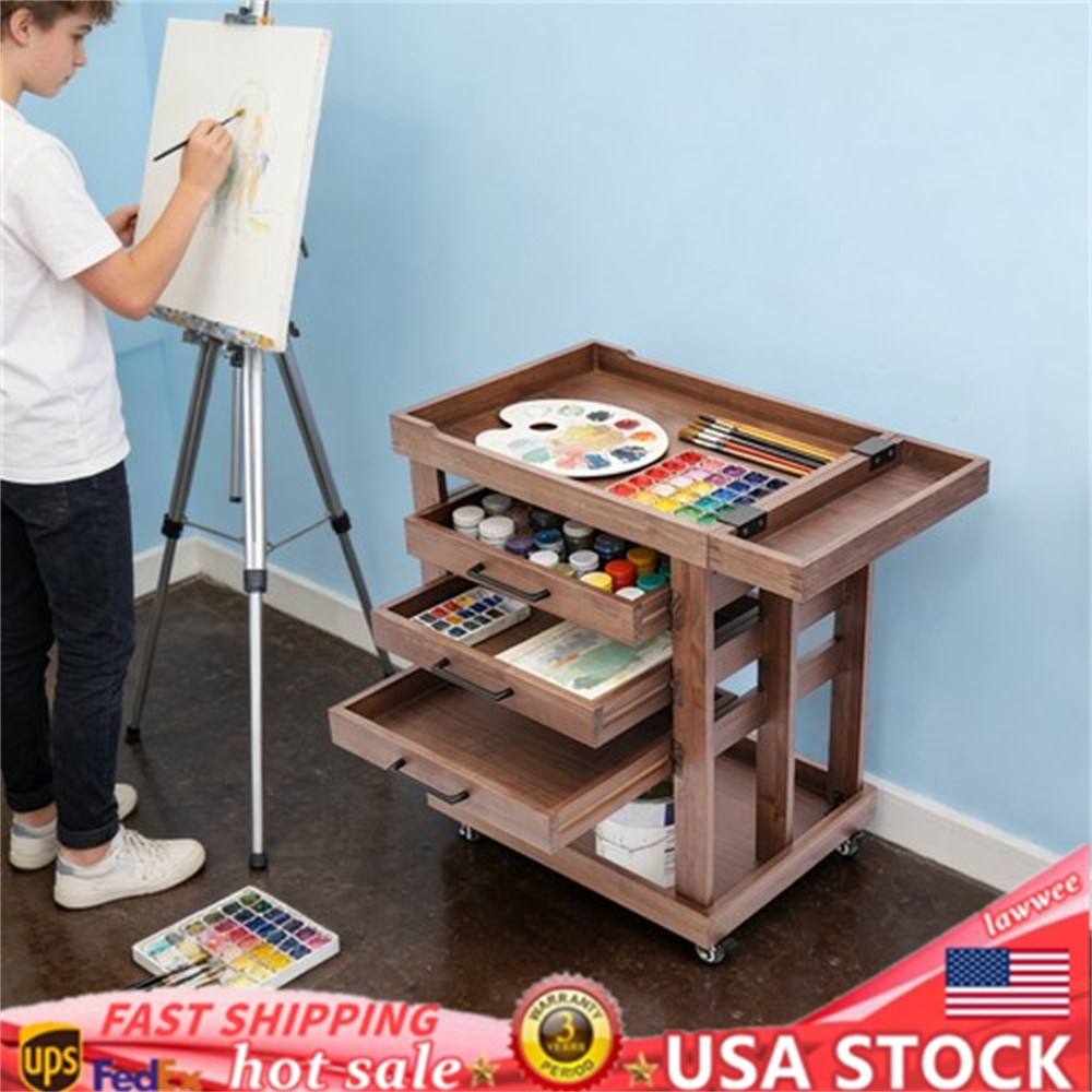 Art Supply Storage Box Organizer Rack Wooden Rolling Cart with 3 Drawers US
