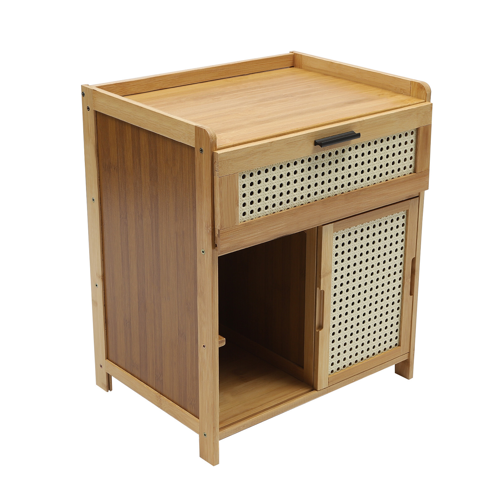 Nightstand Bamboo End Table Bedside Table w/Drawer & Shelf Bohemian Storage Rack