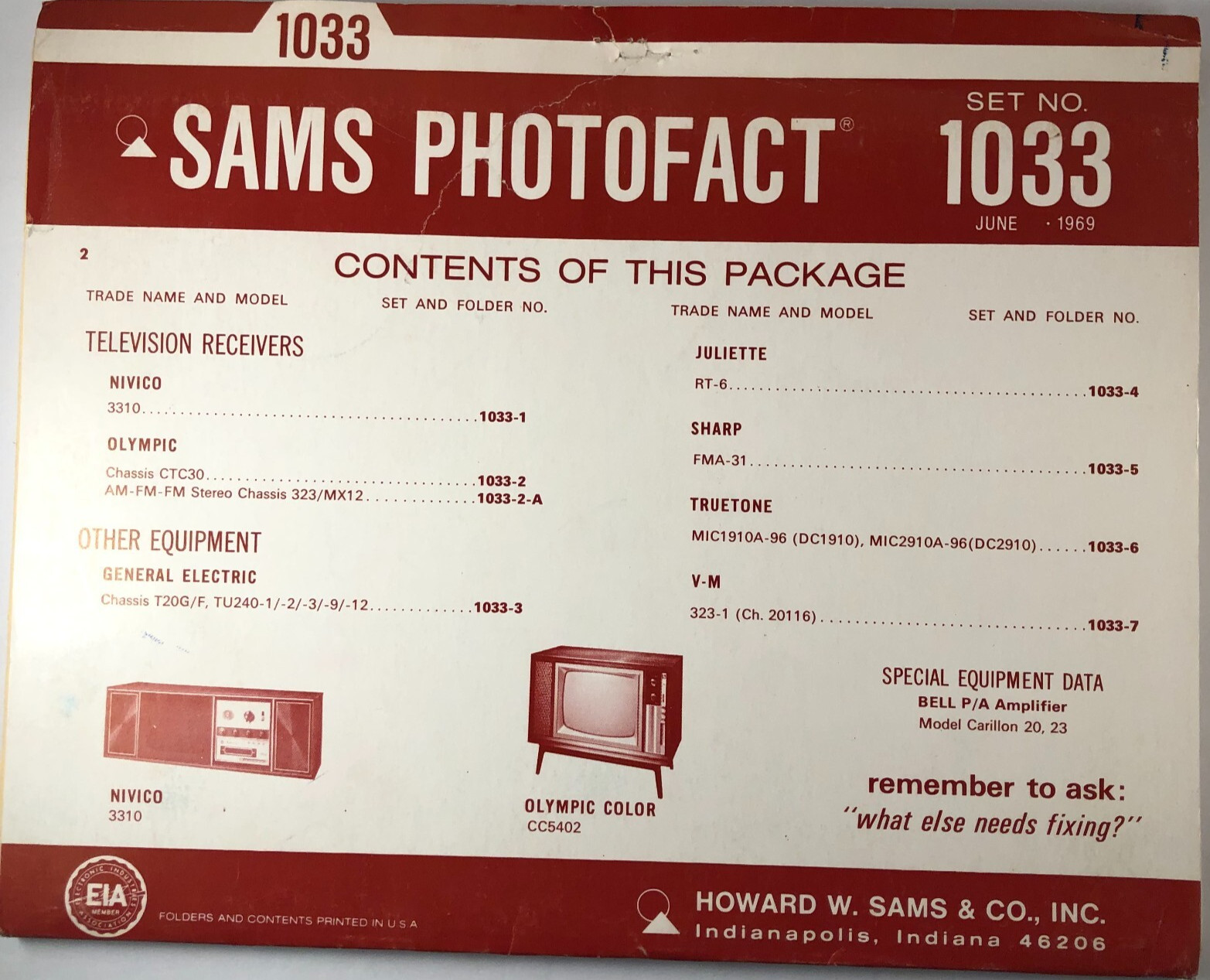 SAMS PHOTOFACT FOLDER SET NO. 1033, 1969, SCHEMATICS & SERVICE MANUALS