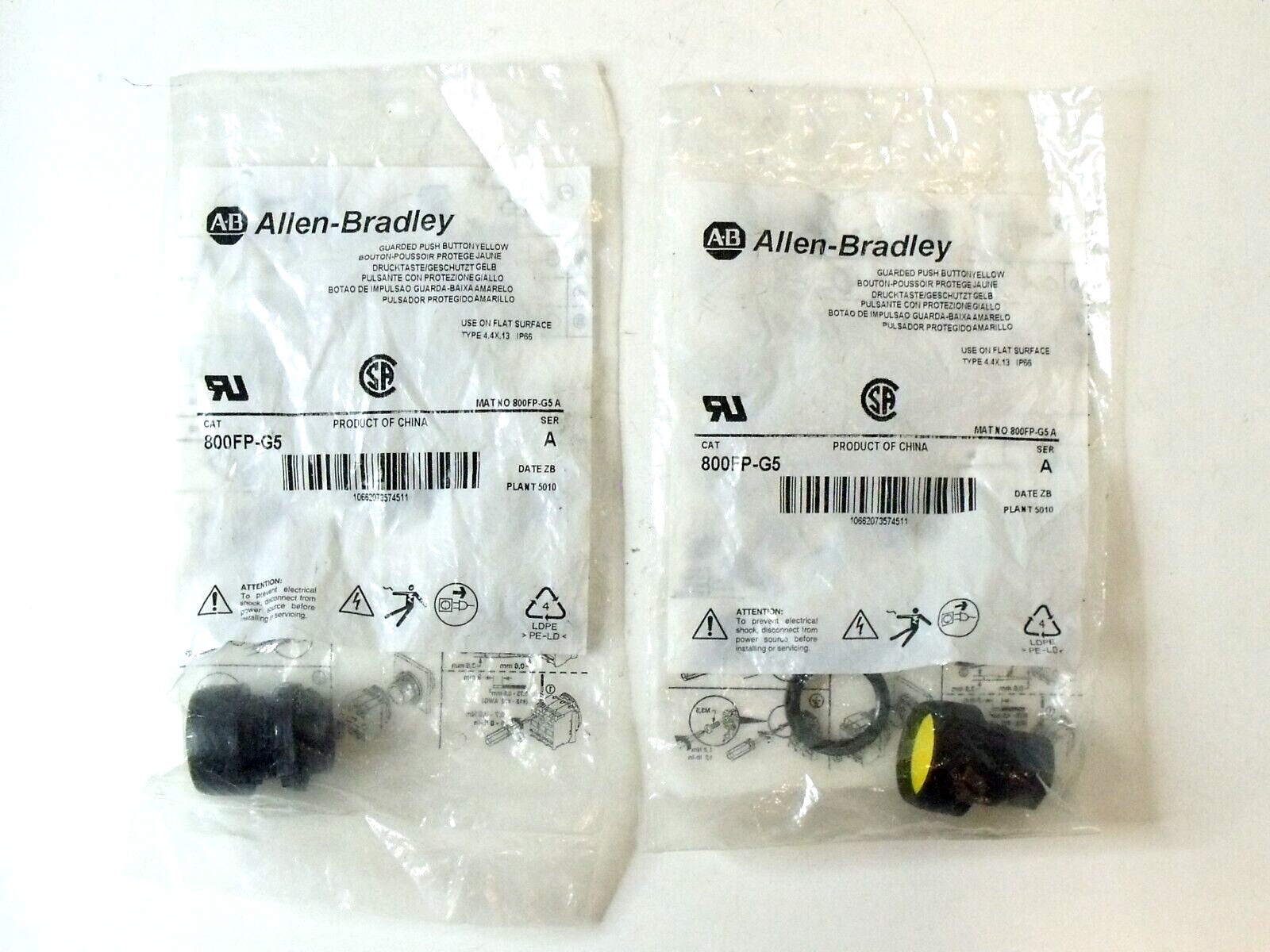 (2) NIB Allen-Bradley 800FP-G5 22mm Yellow Momentary Push Buttons