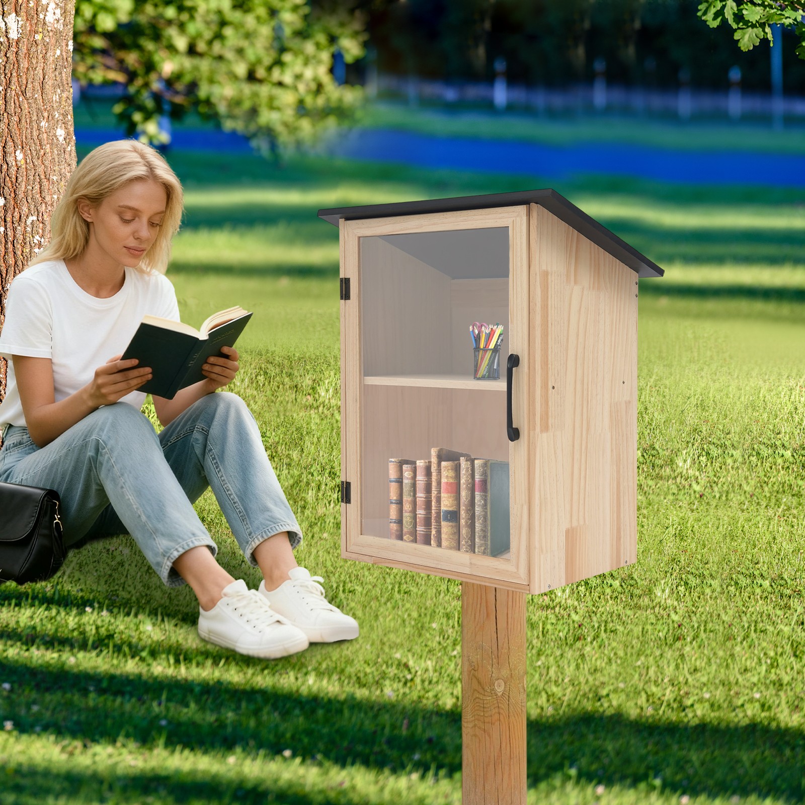 2-Tier Books Storage Box Newspapers Organizer Little Library Cabinet for Sharing