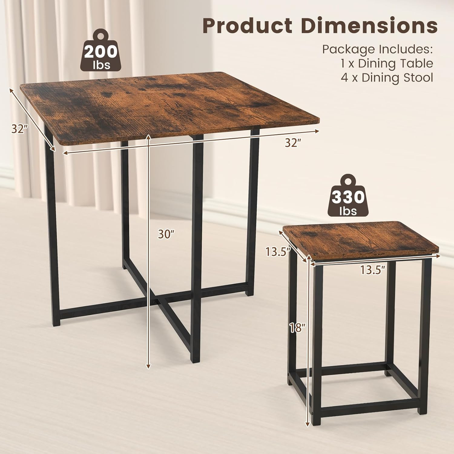Compact Dining Table Set for 4, Small Kitchen Table Set with Square Stools and M