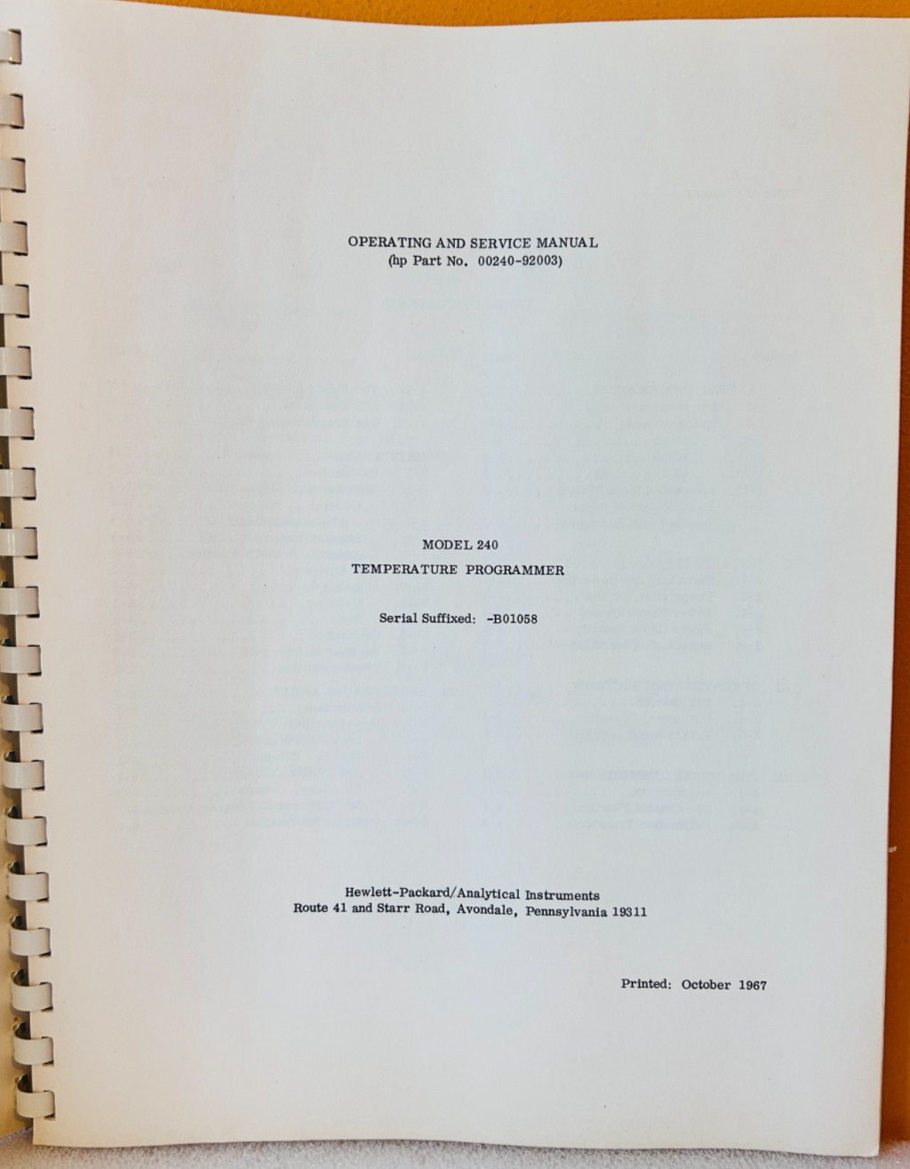 HP 00240-92003 1967 Model 240 Temperature Programmer Operating & Service Manual.
