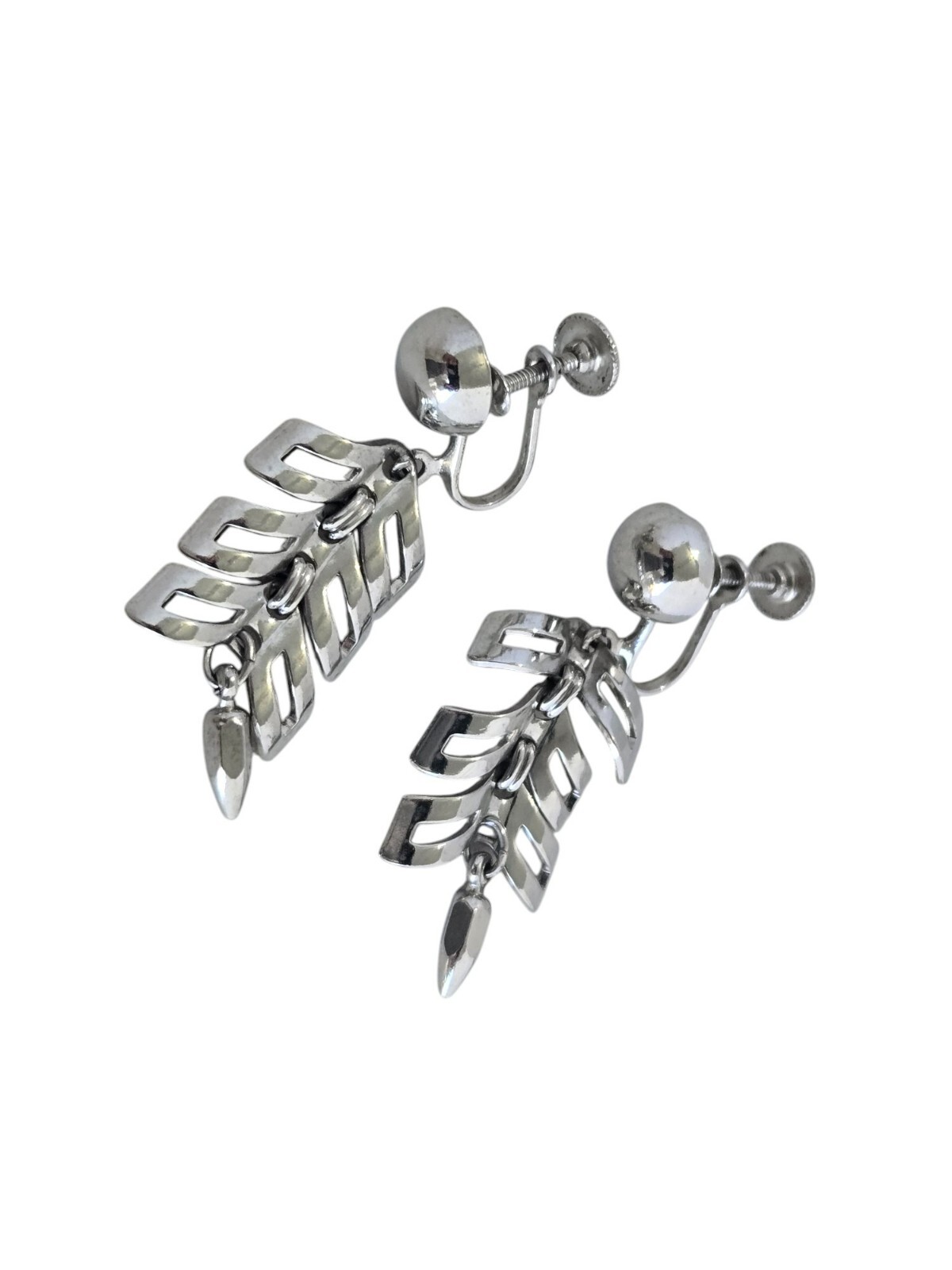 Vintage Shiny Silver Tone Articulating Modernist Screwback Earrings