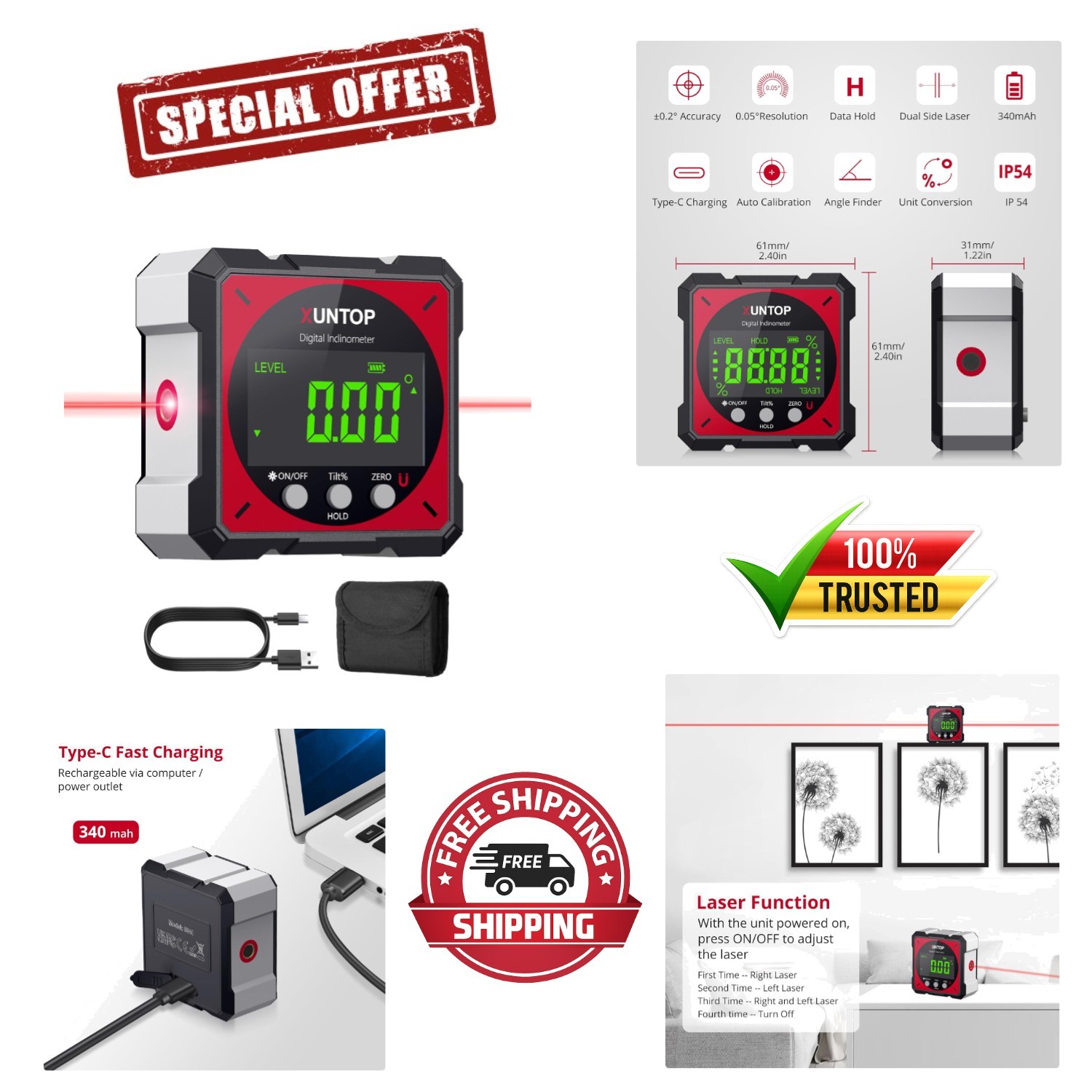 Waterproof Digital Level Box with Laser for Woodworking & Hangings