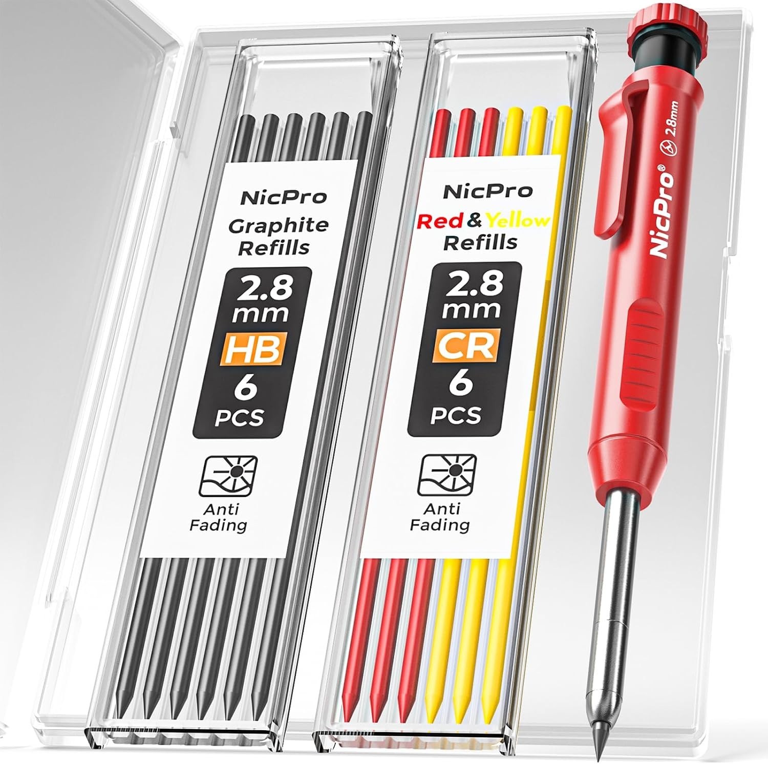 Ergonomic Construction Pencil with Built-in Sharpener & 13 Refills for Craftsmen
