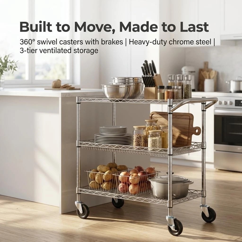 Durable 3 Tier Utility Cart with Push Handle - Ideal for Kitchen & Warehouse Use