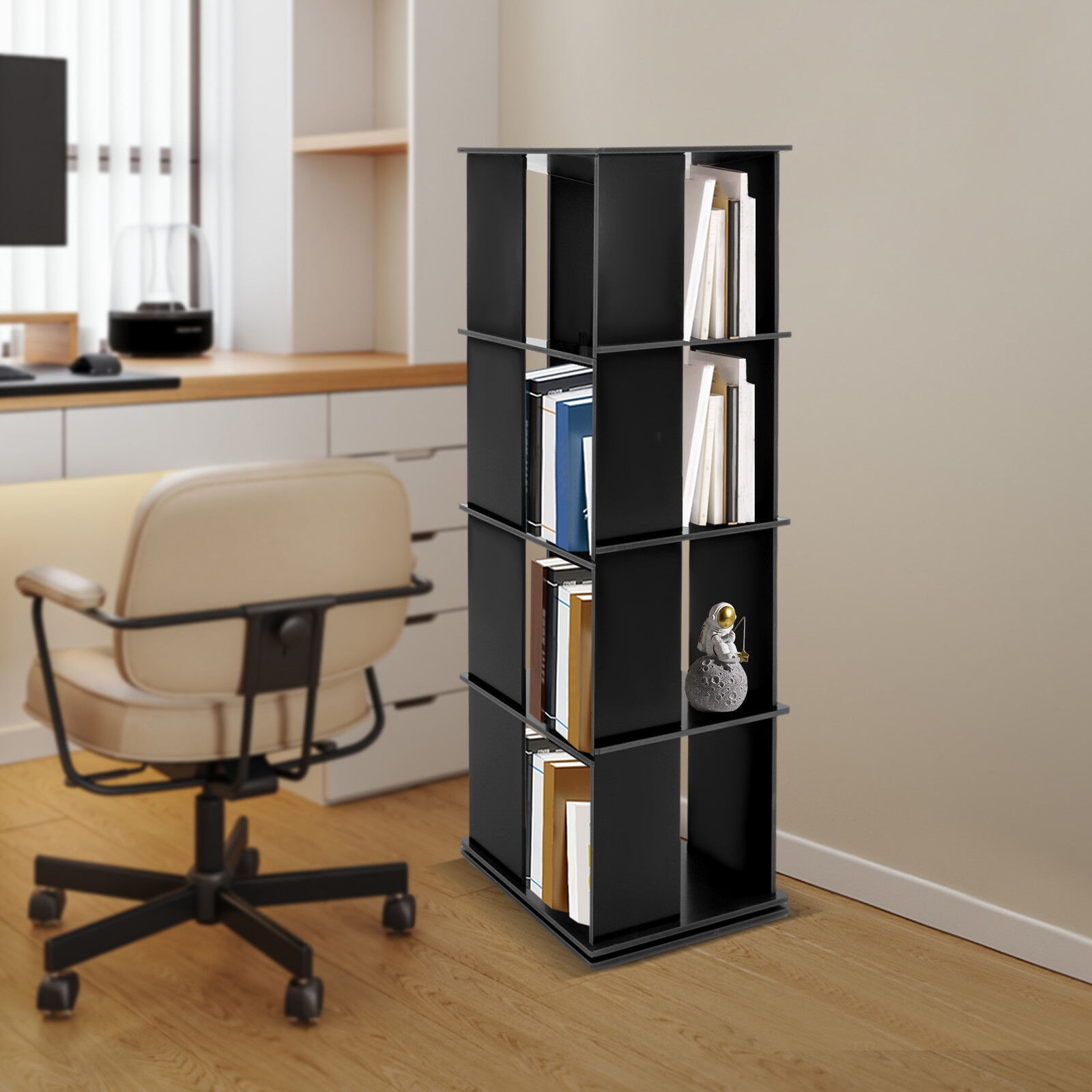 Black Bookcase Storage Shelf 360° Rotating Bookshelf Freestanding Display Rack
