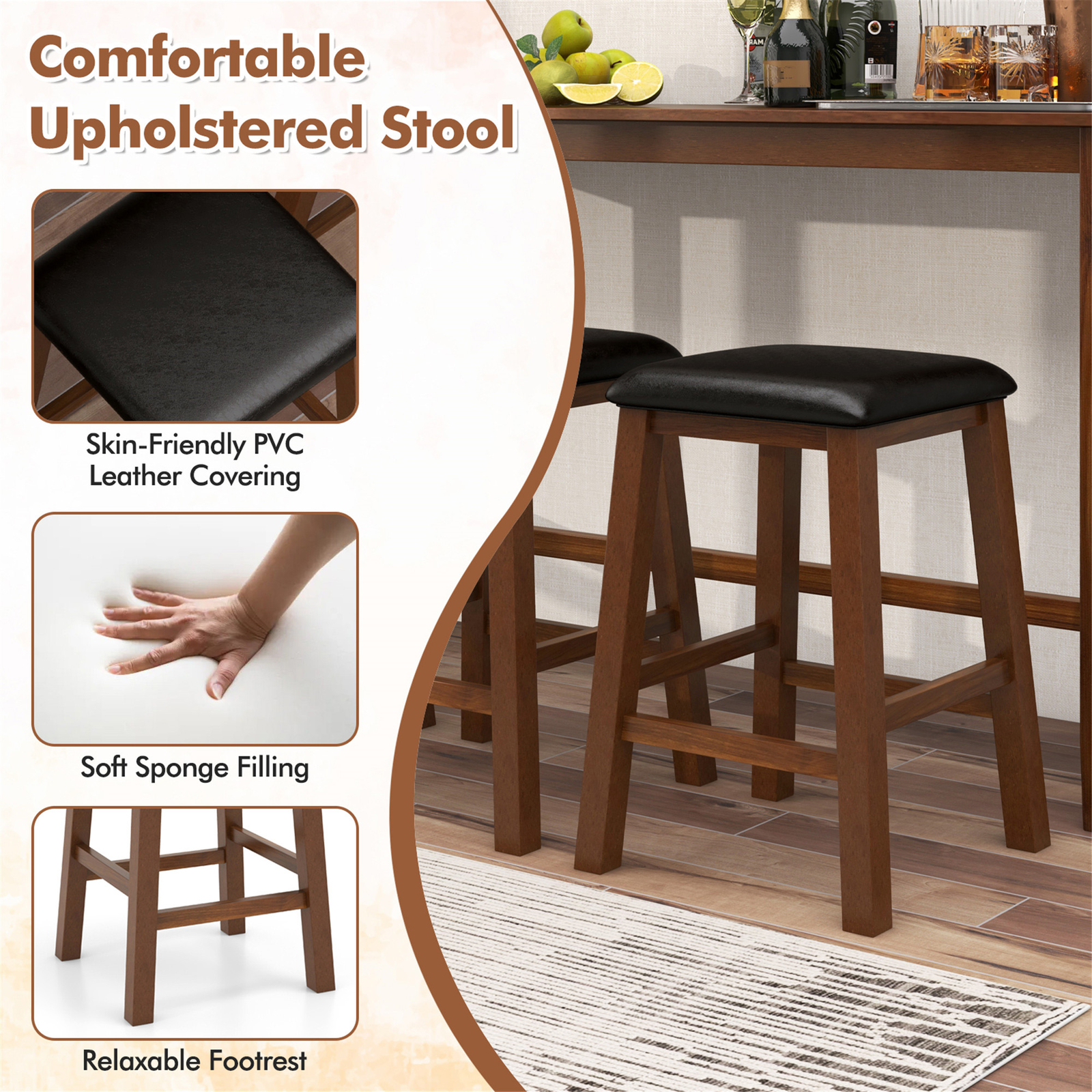 4-Piece Bar Table Set w/ Power Outlet Counter-Height Table & 3 Bar Stools