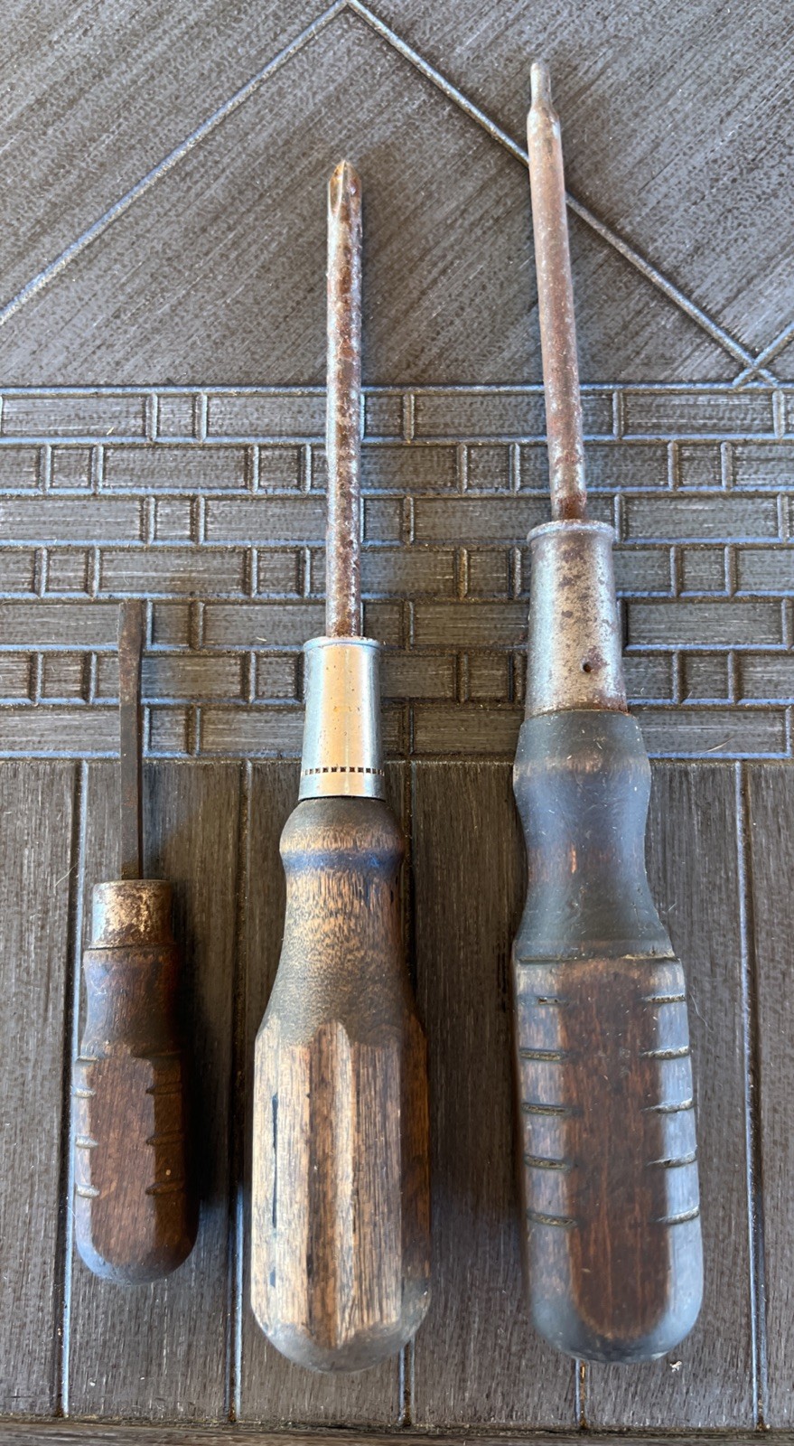 3 Vintage Phillips Head/ Flat  Small Screwdriver with Carved Wooden Handles Tool