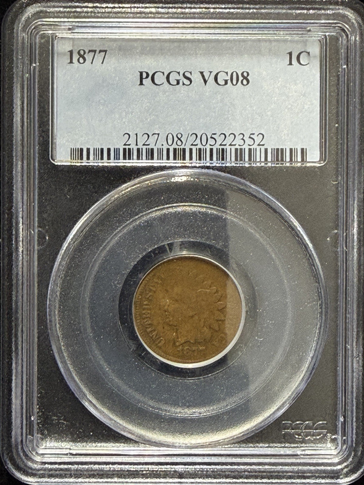 1877 ***KEY DATE*** Indian Head Cent Penny PCGS VG-8 receive coin pictured #4327