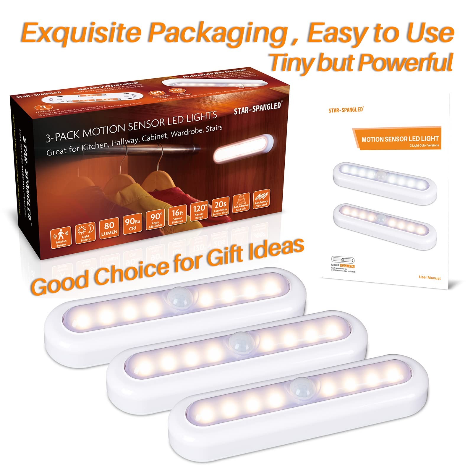 STAR-SPANGLED 3 Pack 7” Motion Sensor Lights Indoor Battery Operated, Stick o...