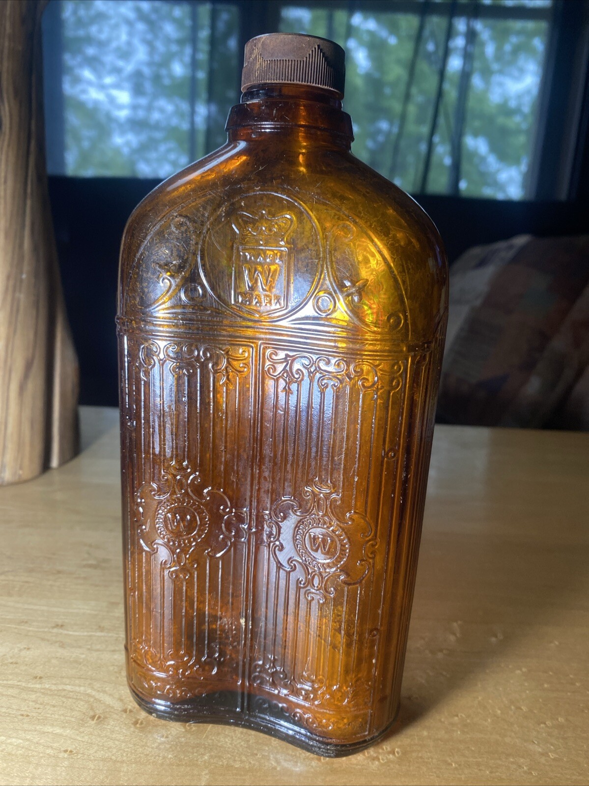 Antique Hiram Walker Whiskey Flask Style Bottle. Brwn Embossed Glass  9”4/5 Qt?