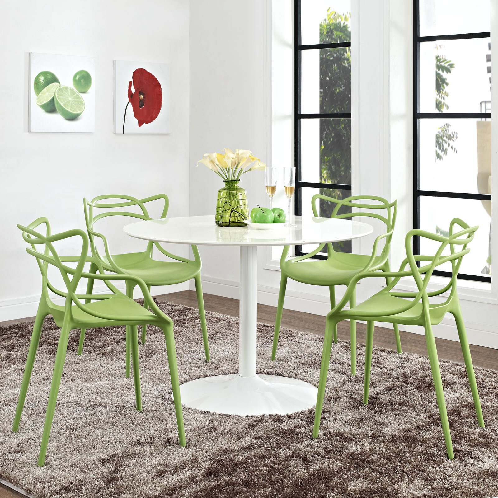 Modway Entangled Modern Molded Plastic Four Dining Armchairs in Green