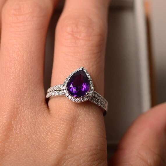2.35 Ct Pear Cut Natural Amethyst Diamond Engagement Ring 14K Solid White Gold