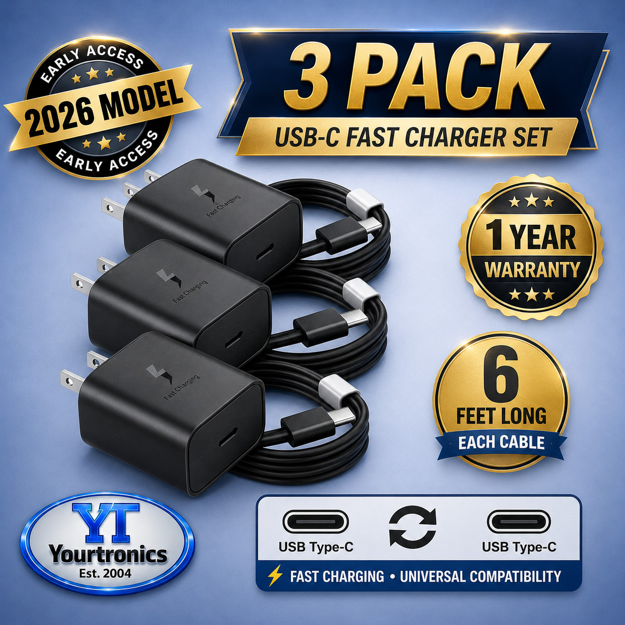3PACK 45w USB-C Fast Wall Charger+6ft Cable For Samsung Galaxy A14 A15 A16 A17