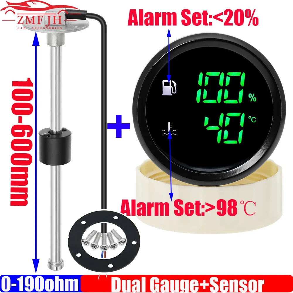 0-190Ohm Fuel Level Gauge+Water Temperature Meter with Alarm Digital 52MM Dual G