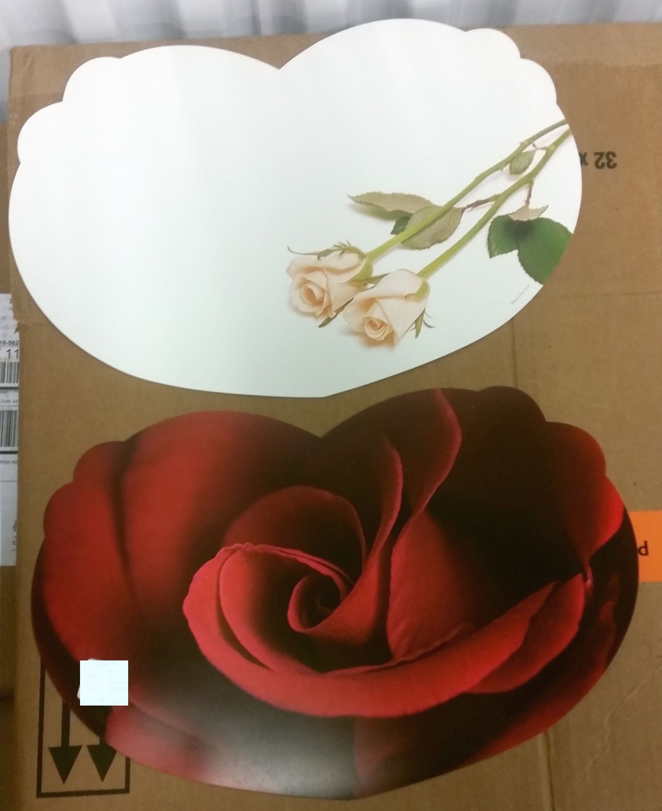 2 REVERSIBLE NON CLEAR HARD PLACEMATS 12" x 18", FLOWERS, ROSES, heart shaped