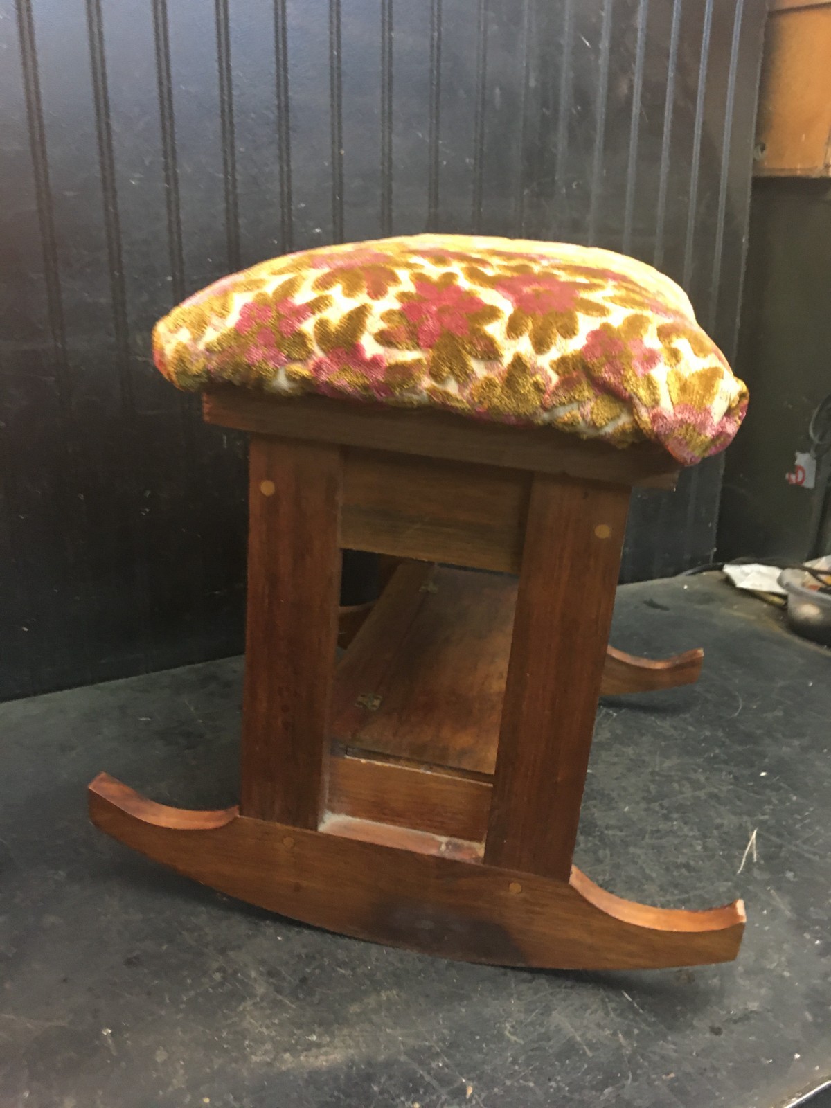 Wood Footstool- Vtg Rocking Floral Tapestry Upholstered Padded Wooden Stool