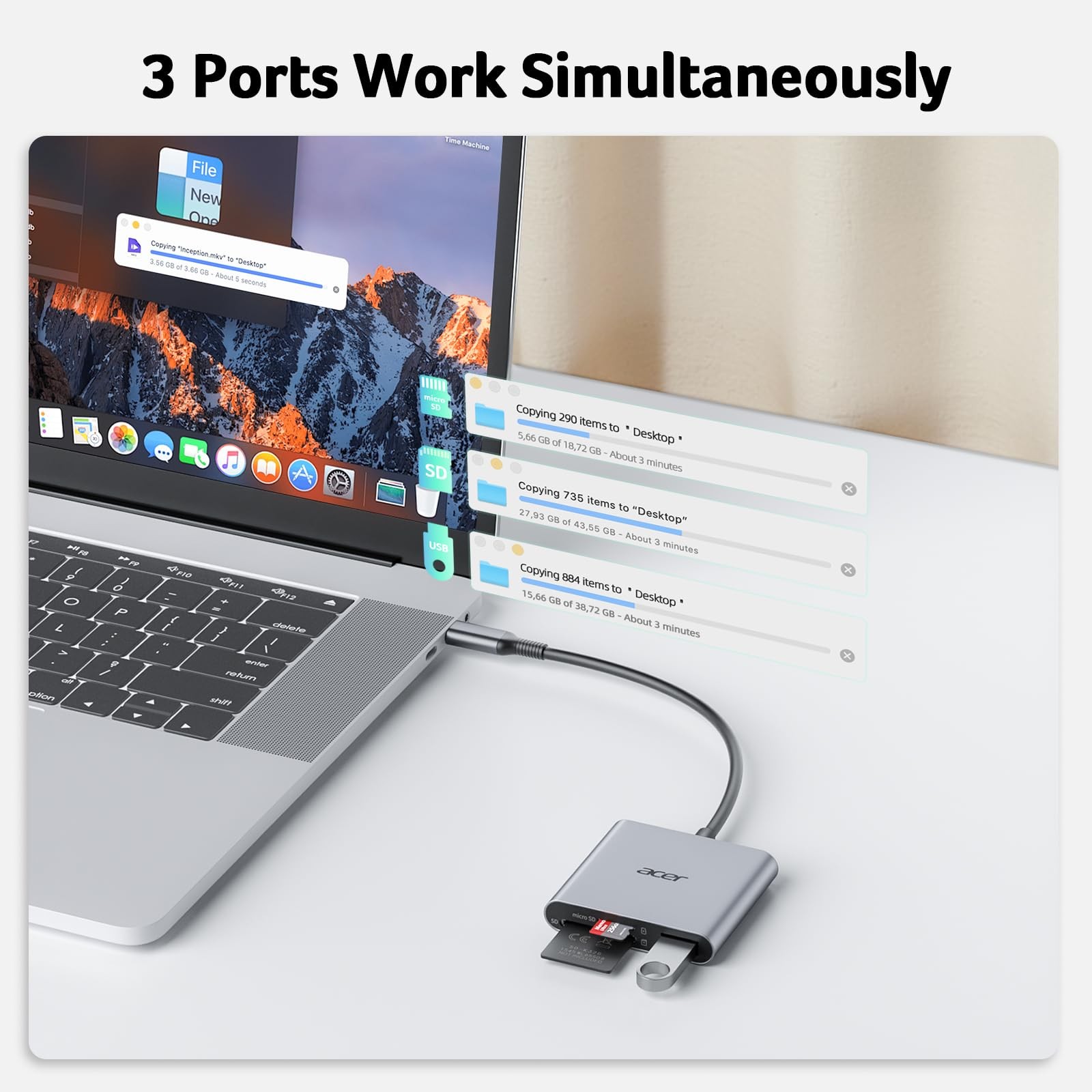 Acer SD Card Reader USB C, 3 in 1 Memory Card Reader with Dual Slots & USB 3....