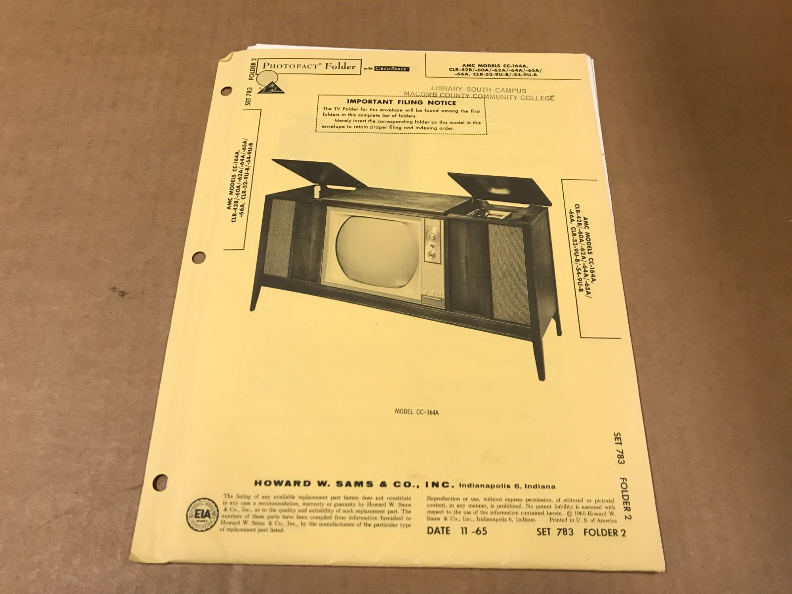 Vtg Photofact Folder - 783 - AMC Tv Models CC-164A/CLR-42B/-60A/-62A/-64A/-65A