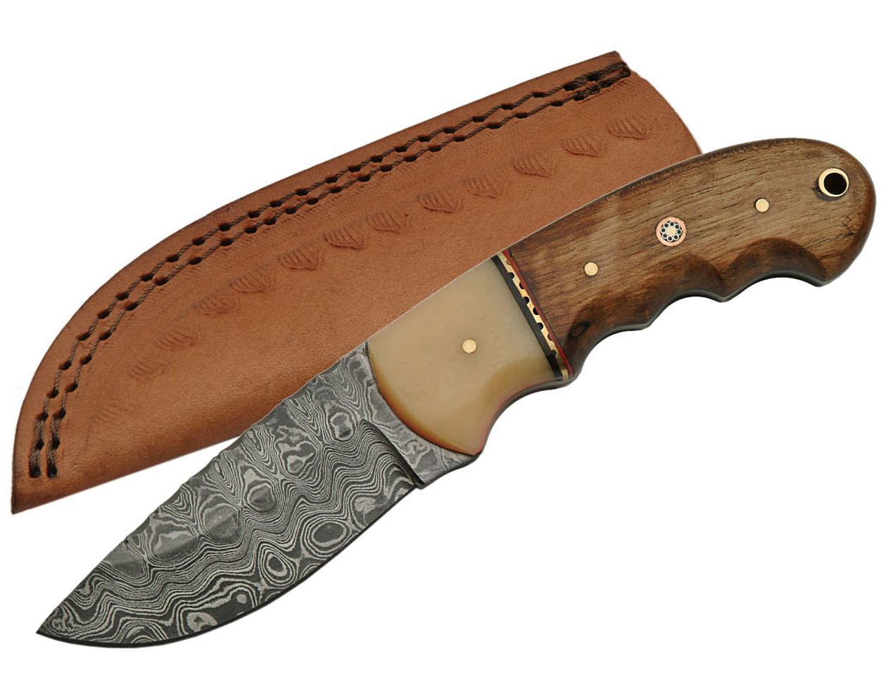 FIXED-BLADE HUNTING KNIFE | 8" Damascus Steel Blade Bone Walnut Handle Skinner
