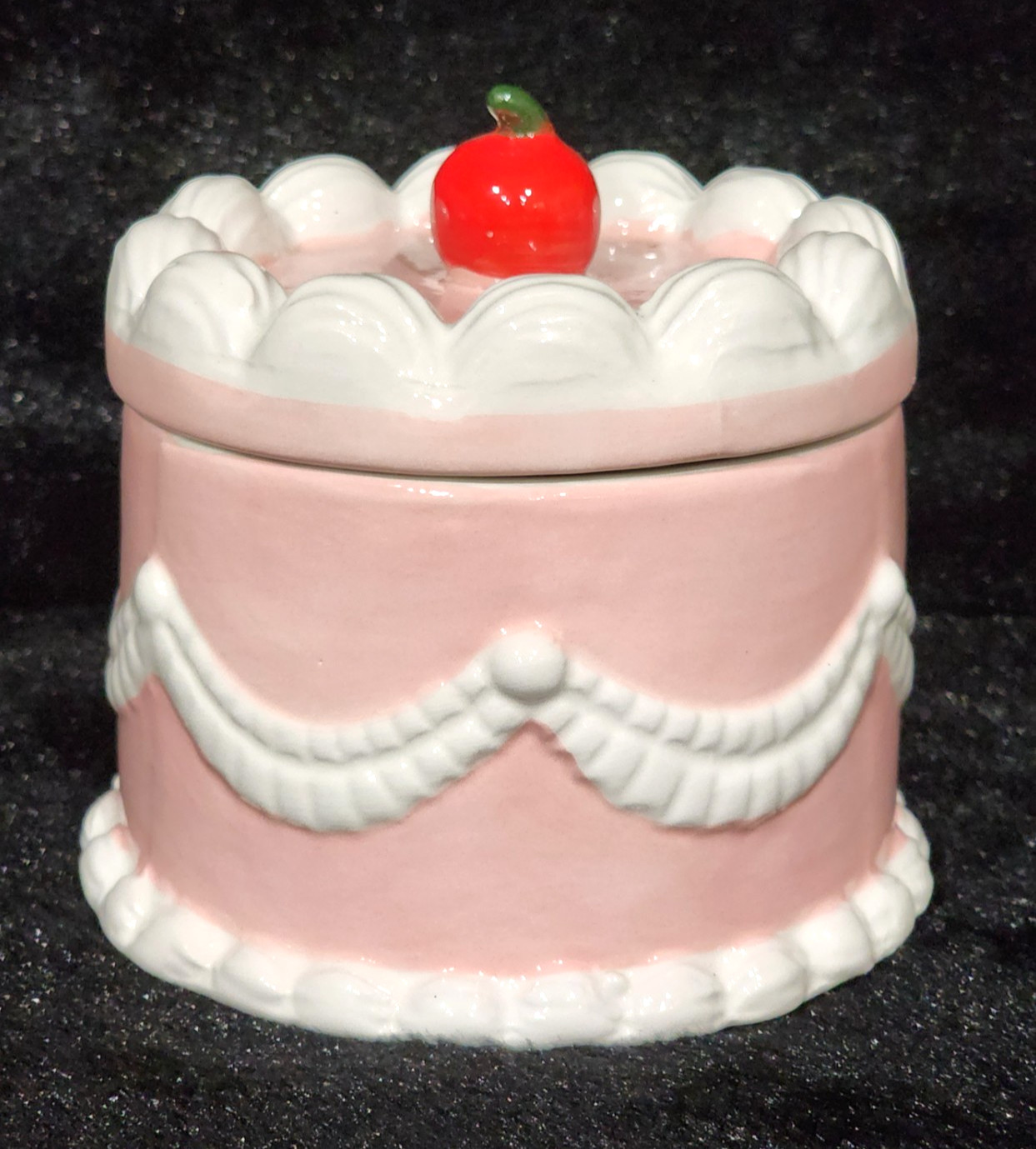Pink Cake White Icing Ceramic Canister Trinket Jar 4.5" Cherry Handle Birthday