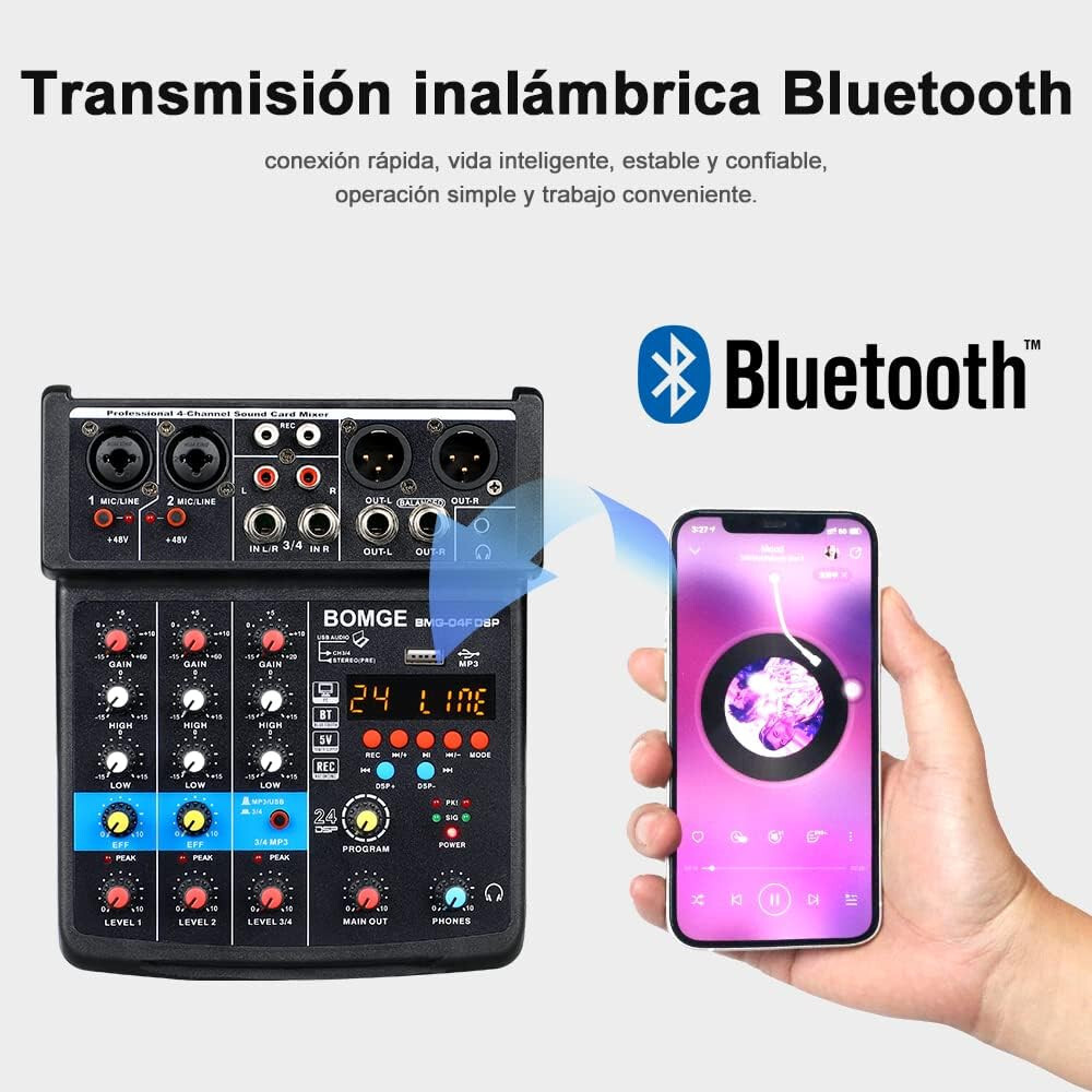 4 Channel DJ Audio Sound Mixer Interface with MP3 USB Bluetooth Stereo 24 DSP