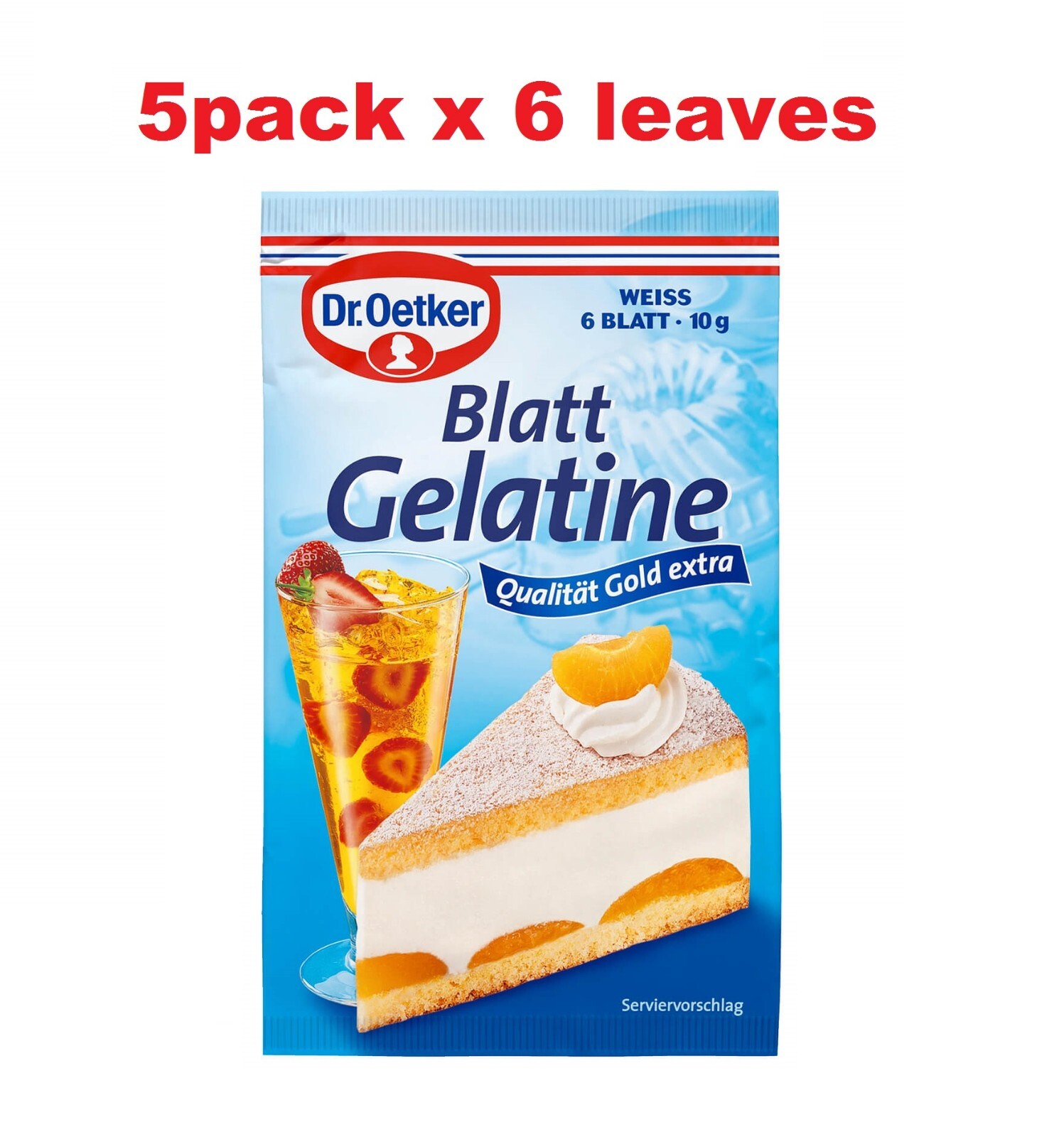 5x Dr.Oetker Blatt Gelatine -6 Gelatin Leaves in pack for cakes and pies, 5x10g