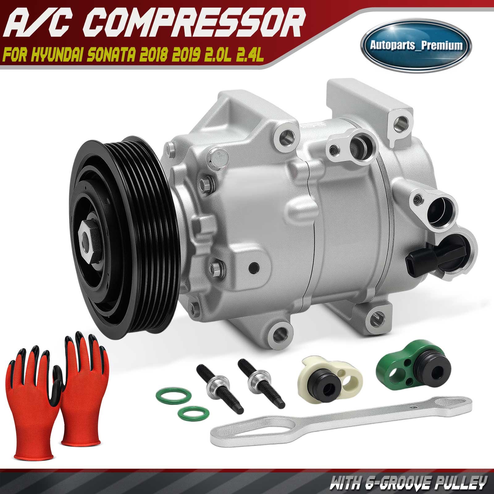 A/C Compressor w/ 6-Groove Pulley & Clutch for Hyundai Sonata 2018 2019 6SBH16C