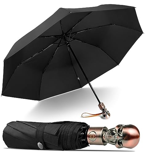 Mens Black Skull Umbrella - Automatic Luxury Travel Windproof 04.Black