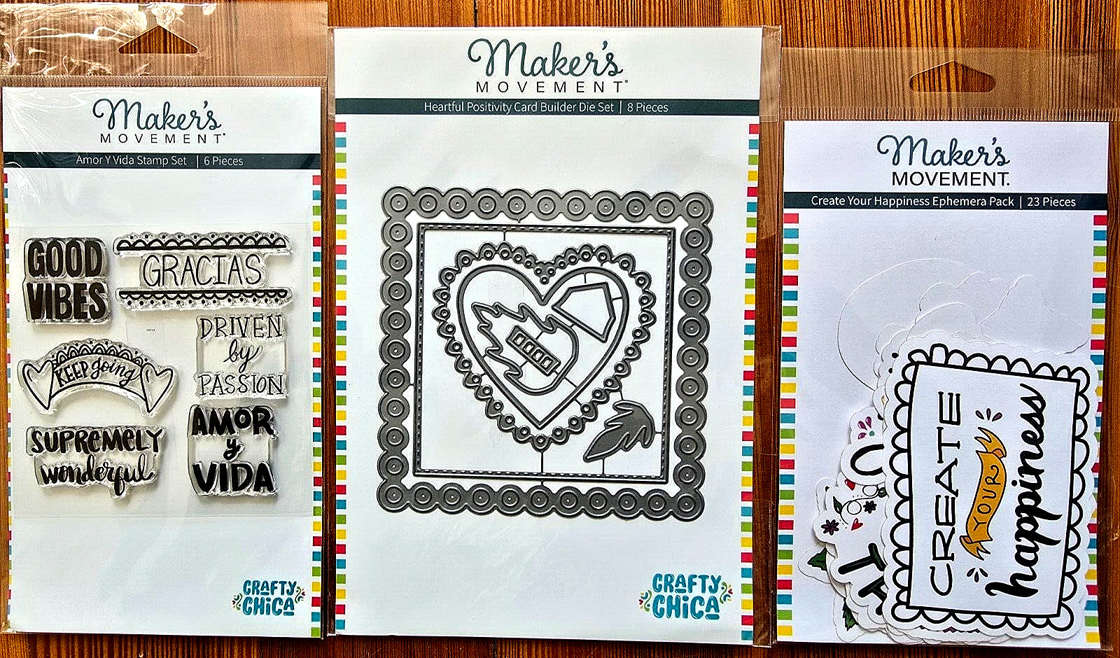 Fun 3 pkg set by Maker's Movement CRAFTY CHICA: Stamps, dies, paper ephemera NIP