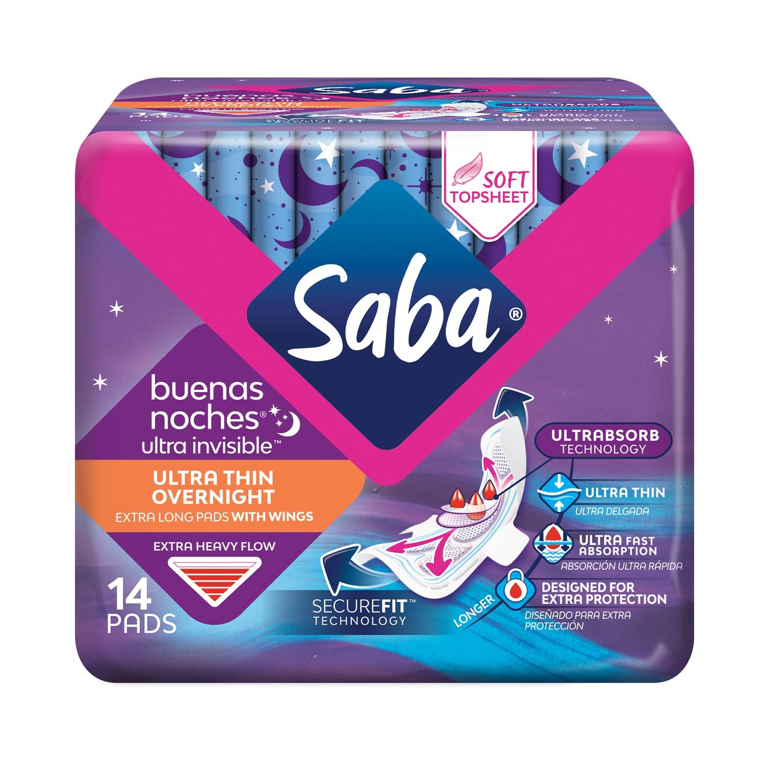 Saba Ultra Invisible Ultra Thin Overnight Pads with Wings, 112 Count (8 packs of