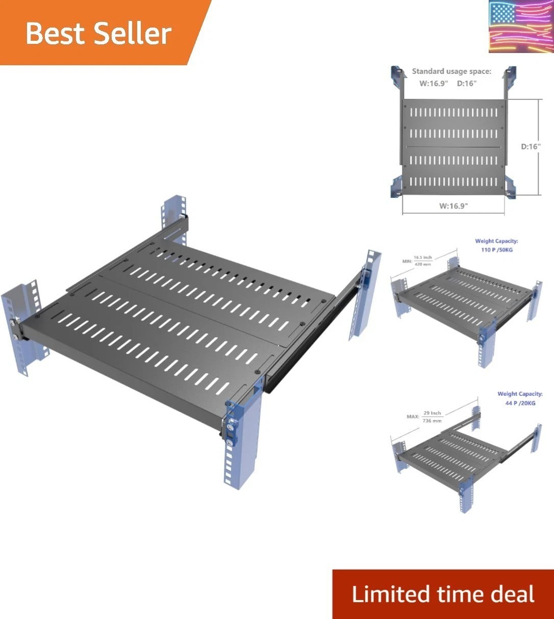 1U Vented 4-Post Adjustable Server Shelf- Universal Tray 16.5-29" Adjustable ...