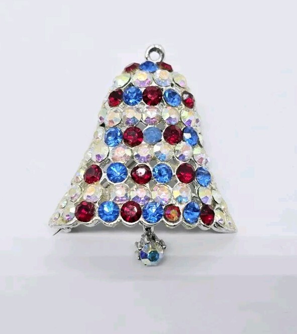 Crystal Bell Brooch Accent Christmas Signed DOBBS Vintage Stunning