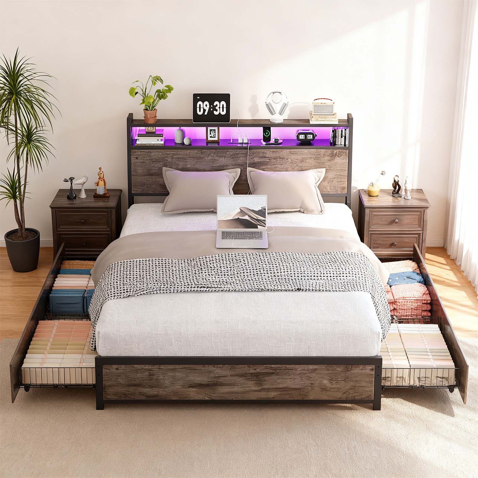 Metal Platform Bed 4 Drawer,RGB LED Lights USB Charging Station 880 lbs Capacity