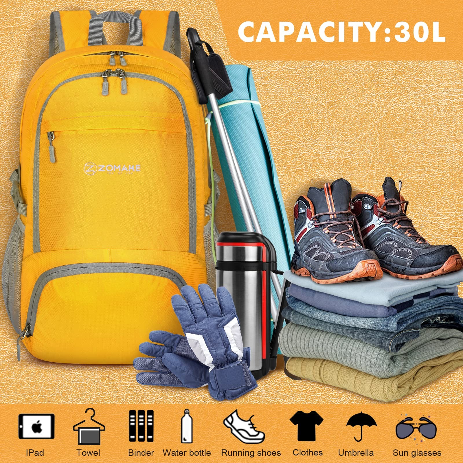 Lightweight Packable Backpack 30L Foldable Hiking Backpacks Water Resistant C...