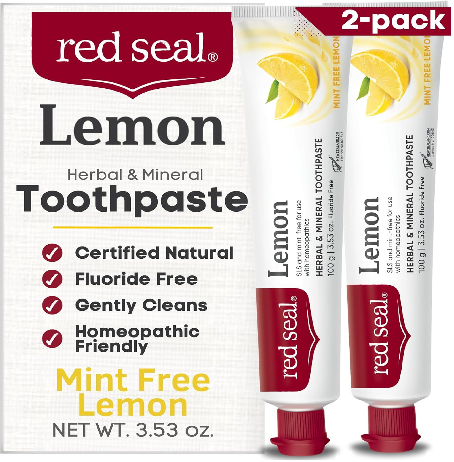 Red Seal Fluoride Free Lemon Toothpaste 3.5 Ounce (Pack of 2), Natural